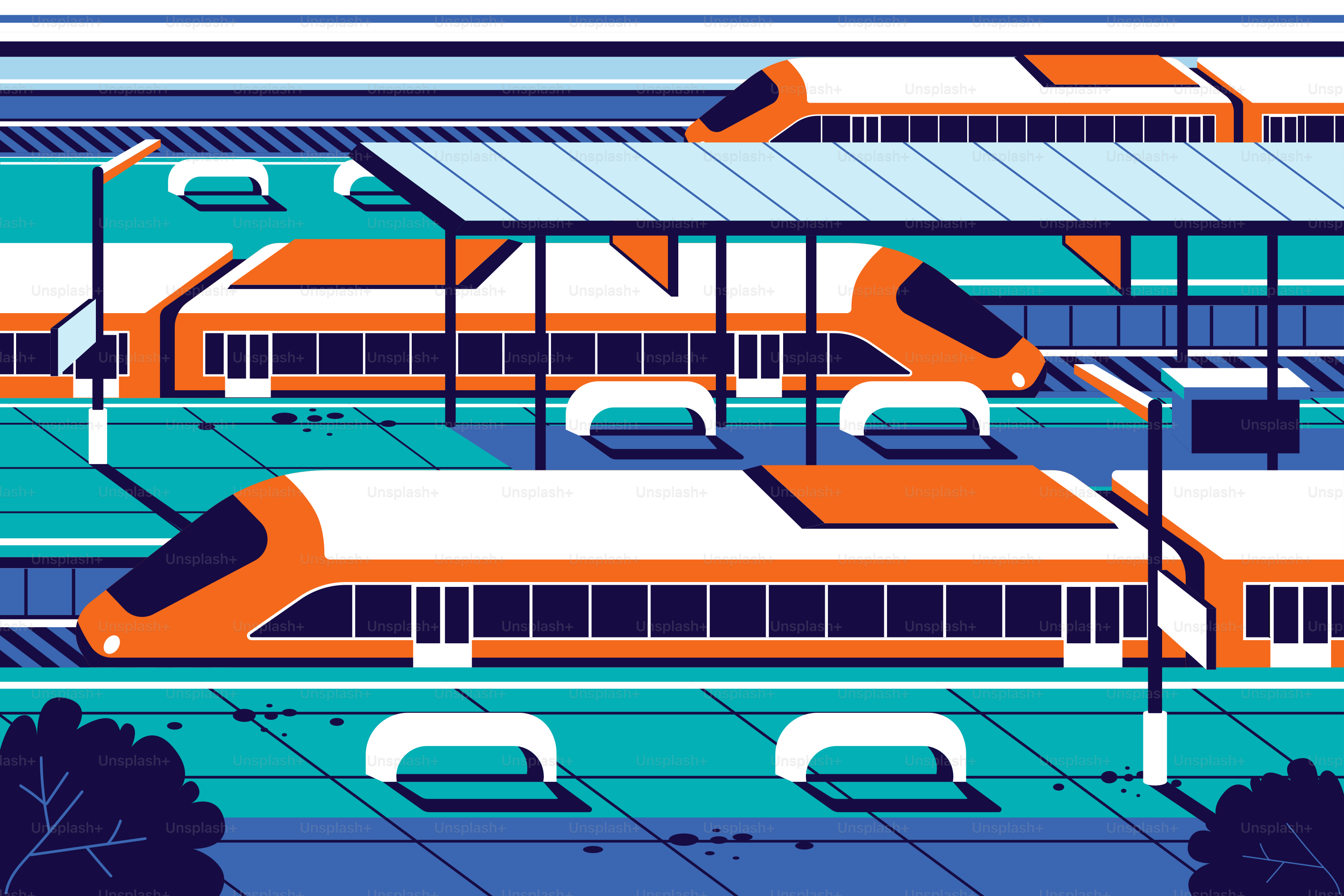 A group of orange and blue trains sitting next to each other