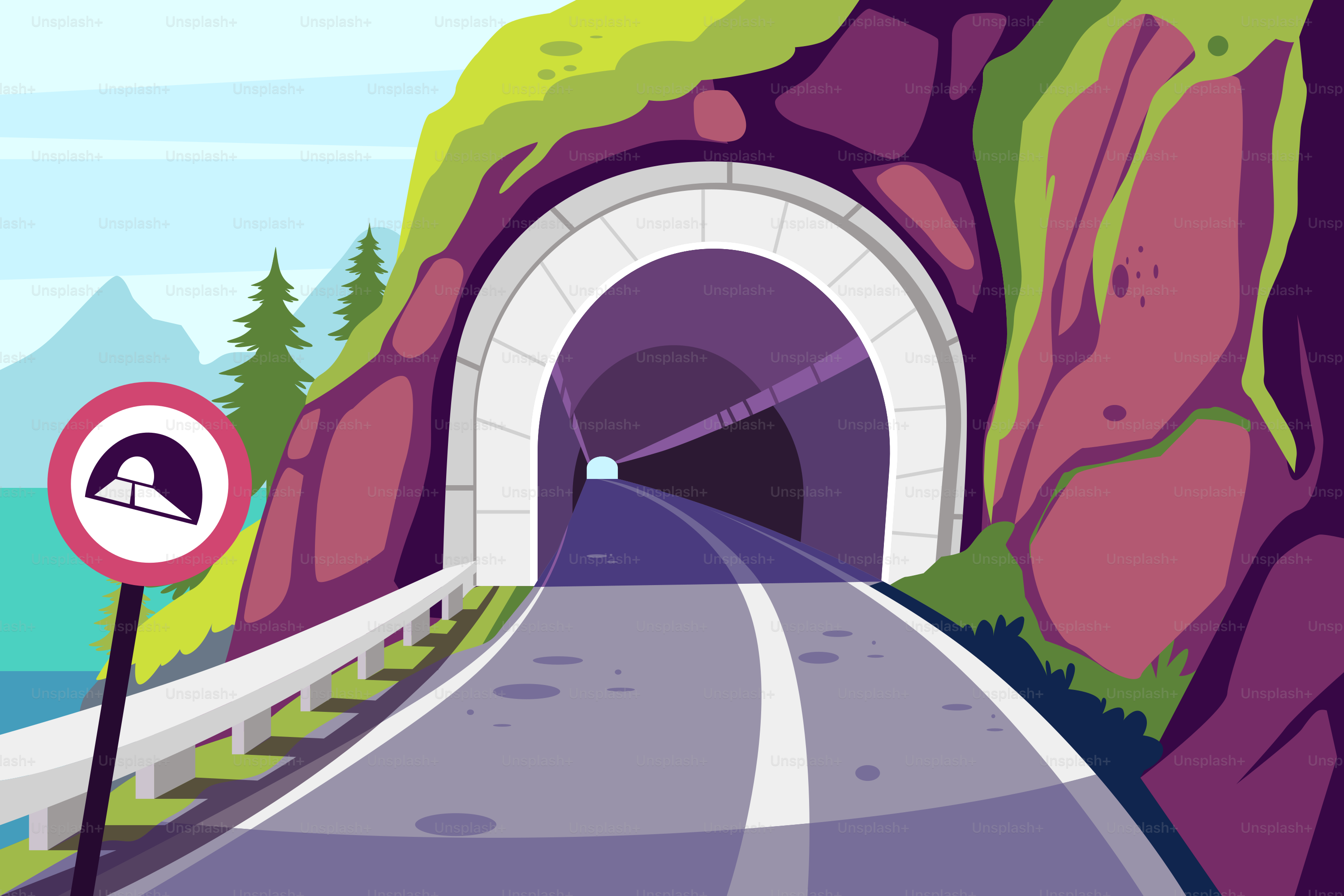 A road going into a tunnel with a no parking sign