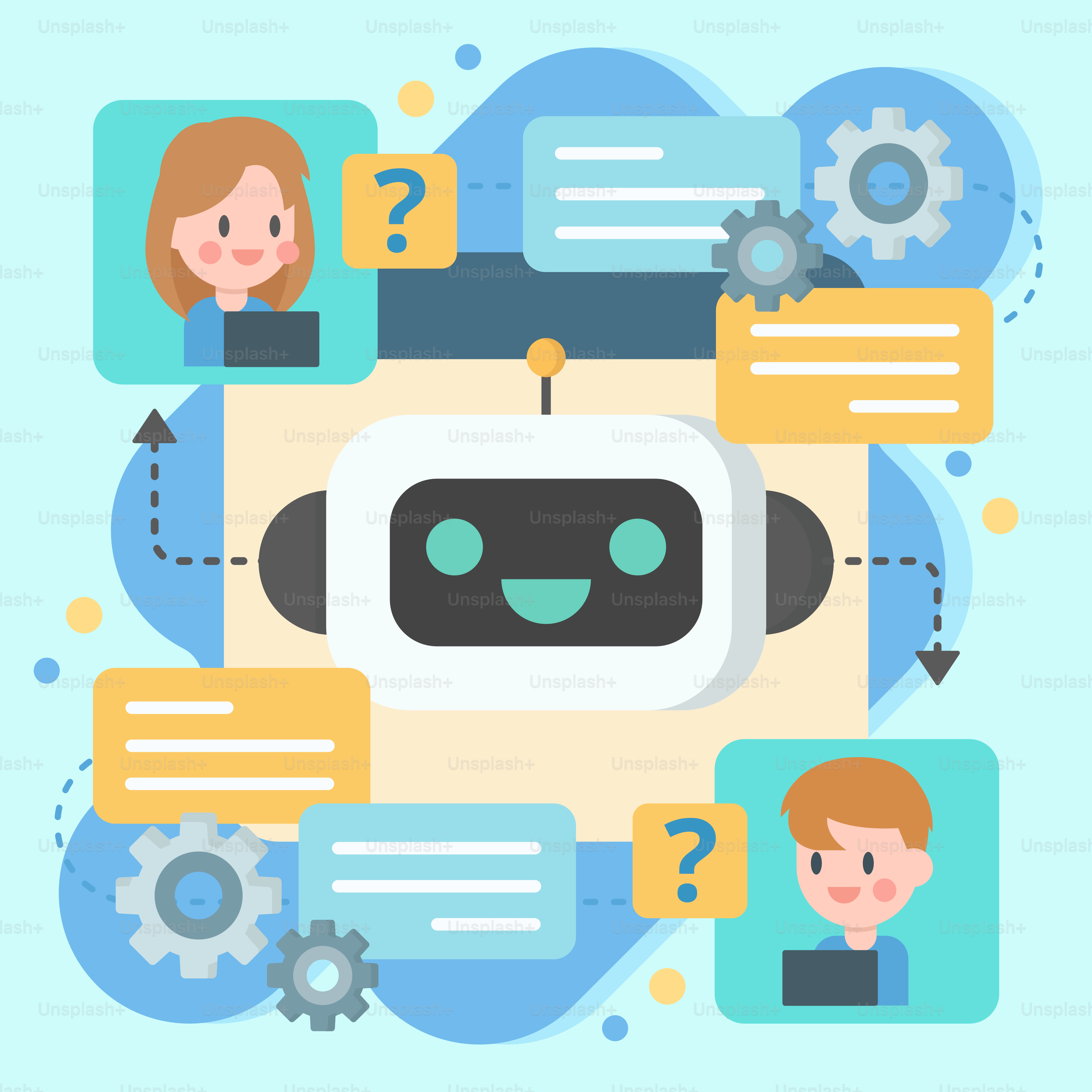 A robot surrounded by people with question marks vector – Technology ...