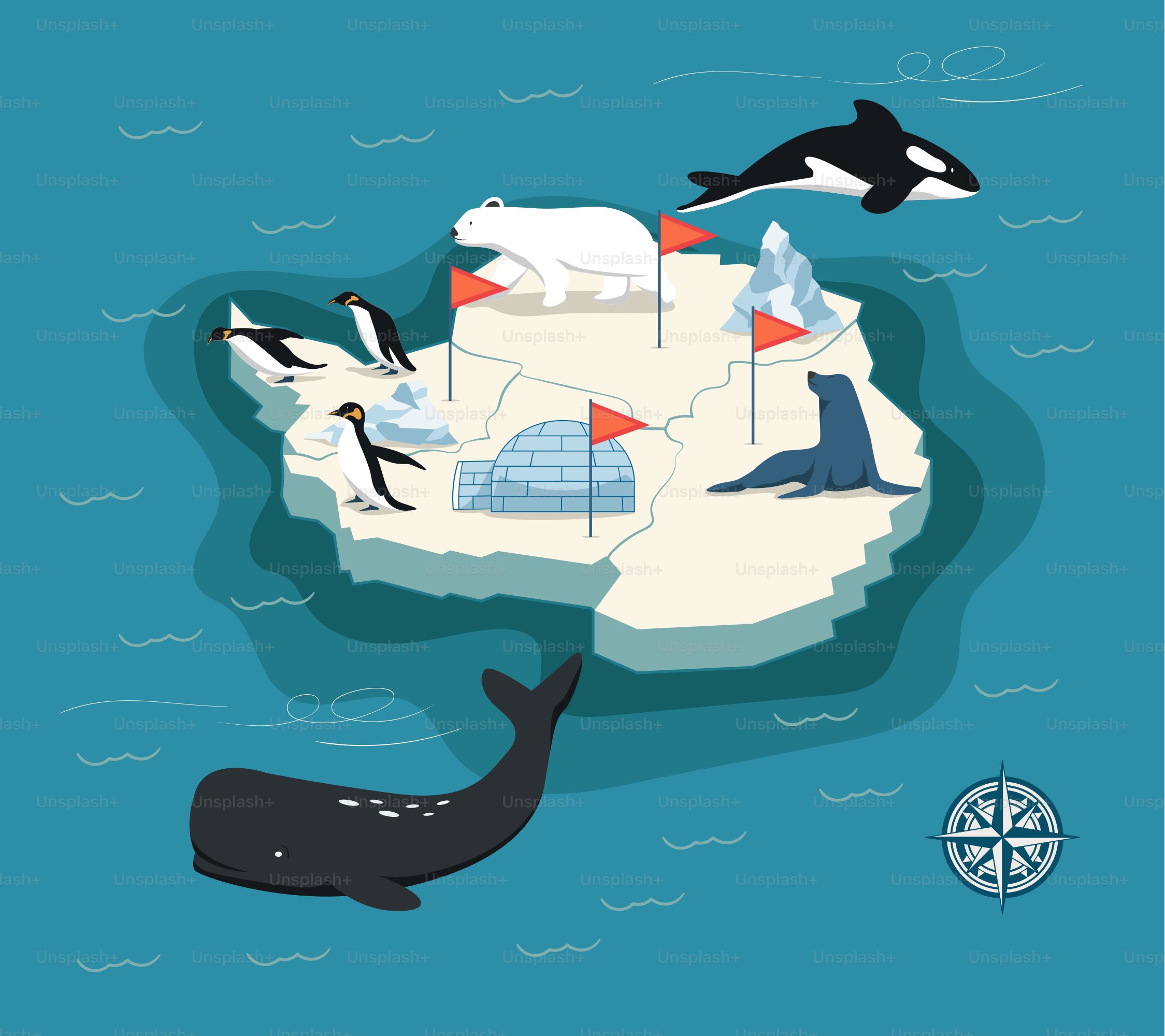 An iceberg with penguins and penguins on it
