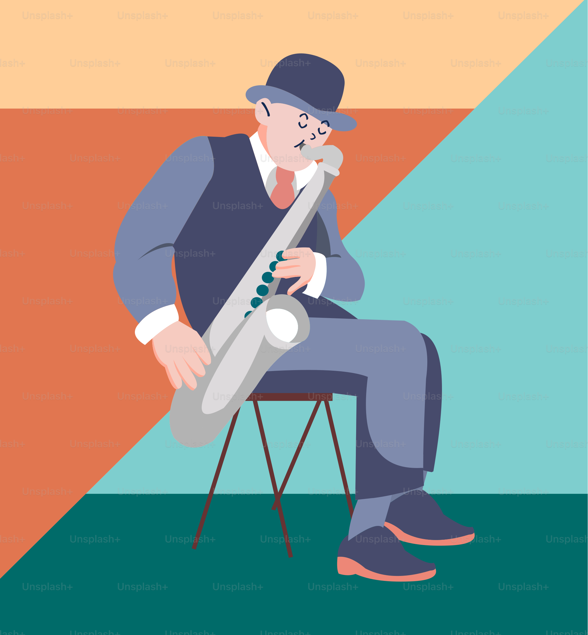 Un hombre sentado en una silla tocando un saxofón