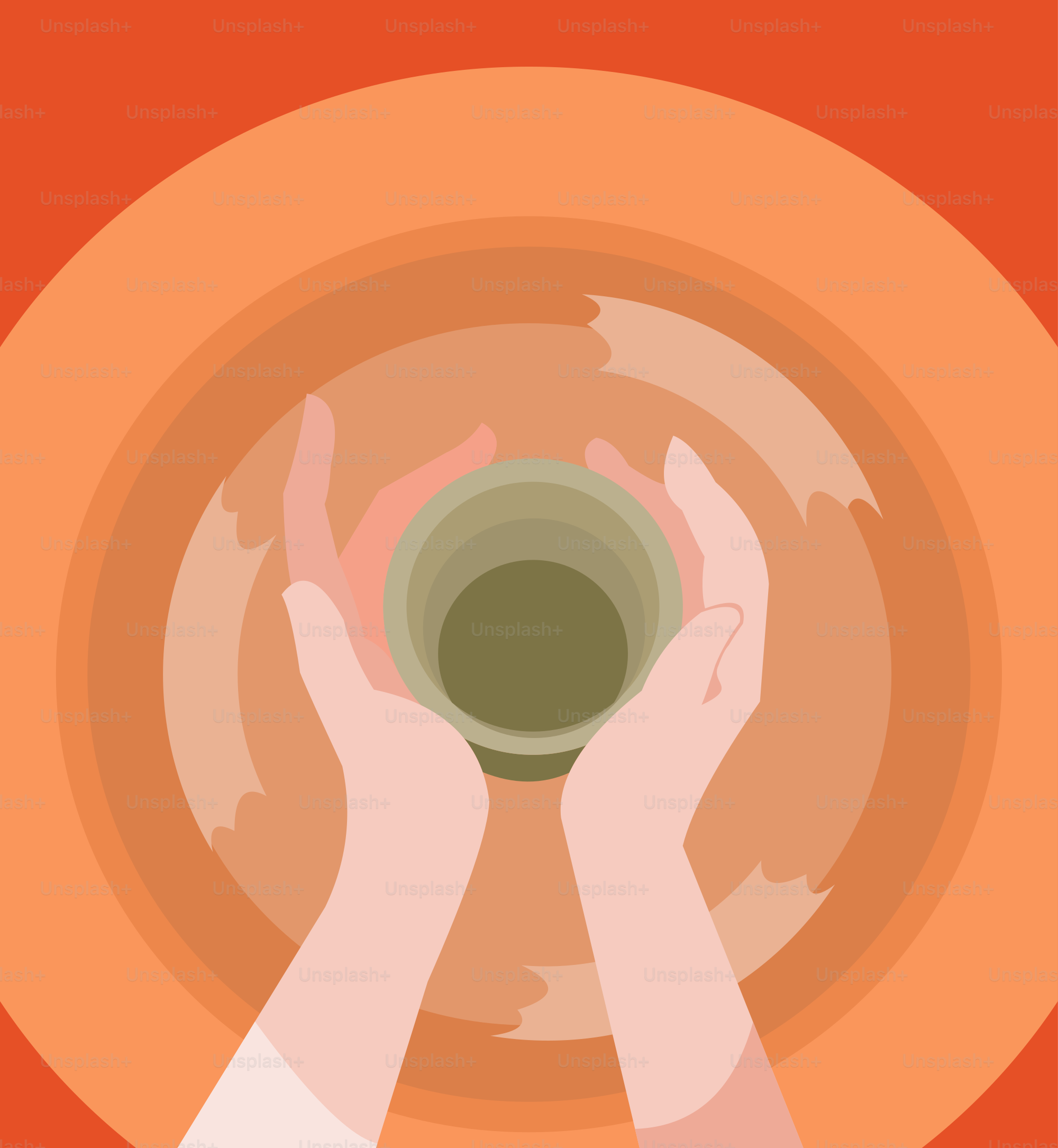 Dos manos sosteniendo una taza verde frente a un fondo naranja
