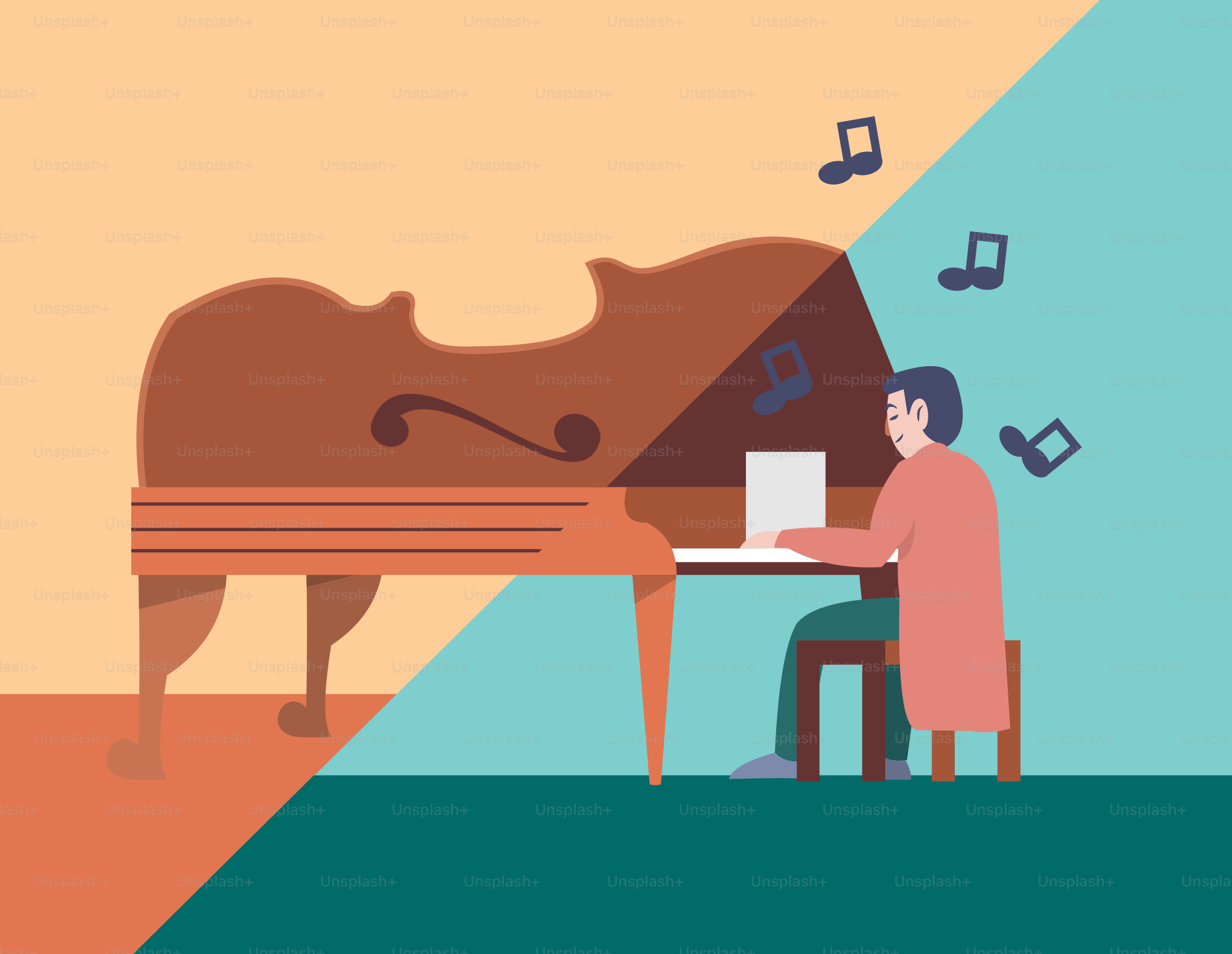 A person sitting at a piano with musical notes coming out of it