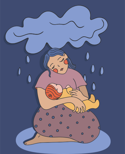 Uma mulher segurando um bebê em seus braços na chuva