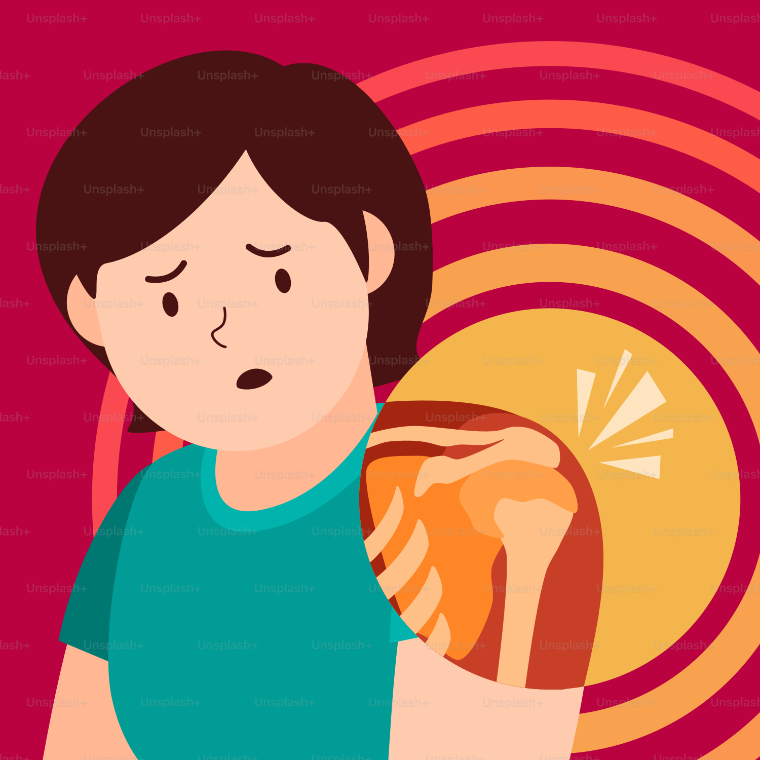 Eine Person, die eine Tüte mit Essen vor rotem Hintergrund hält