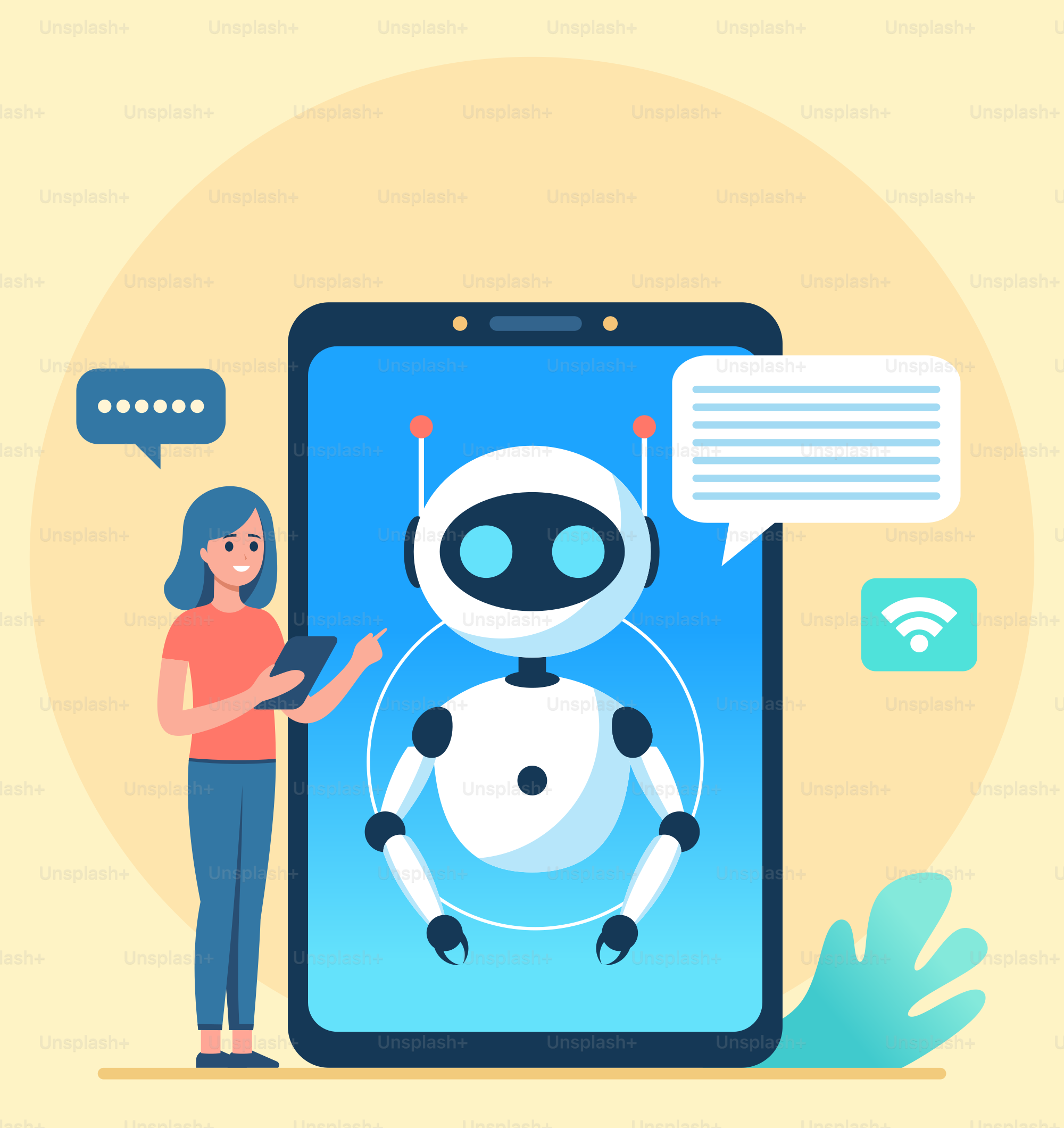 A woman standing next to a phone with a robot on it