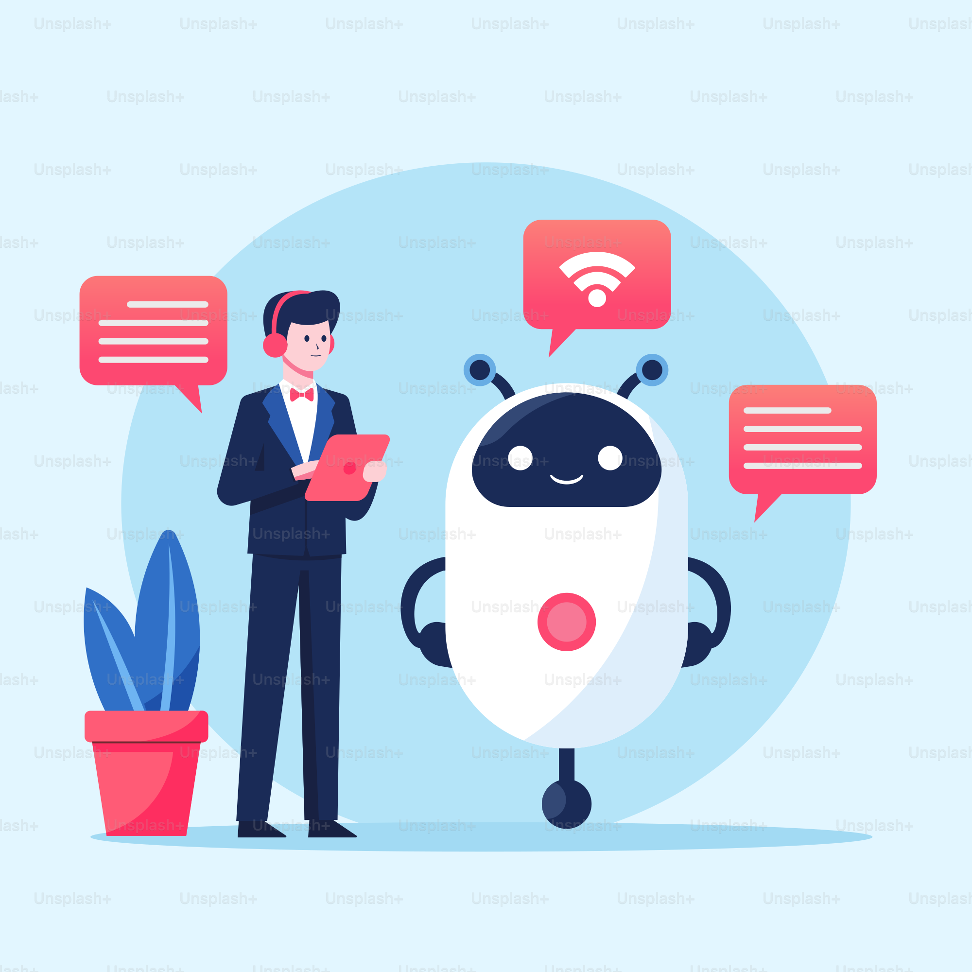 A man standing next to a robot holding a tablet