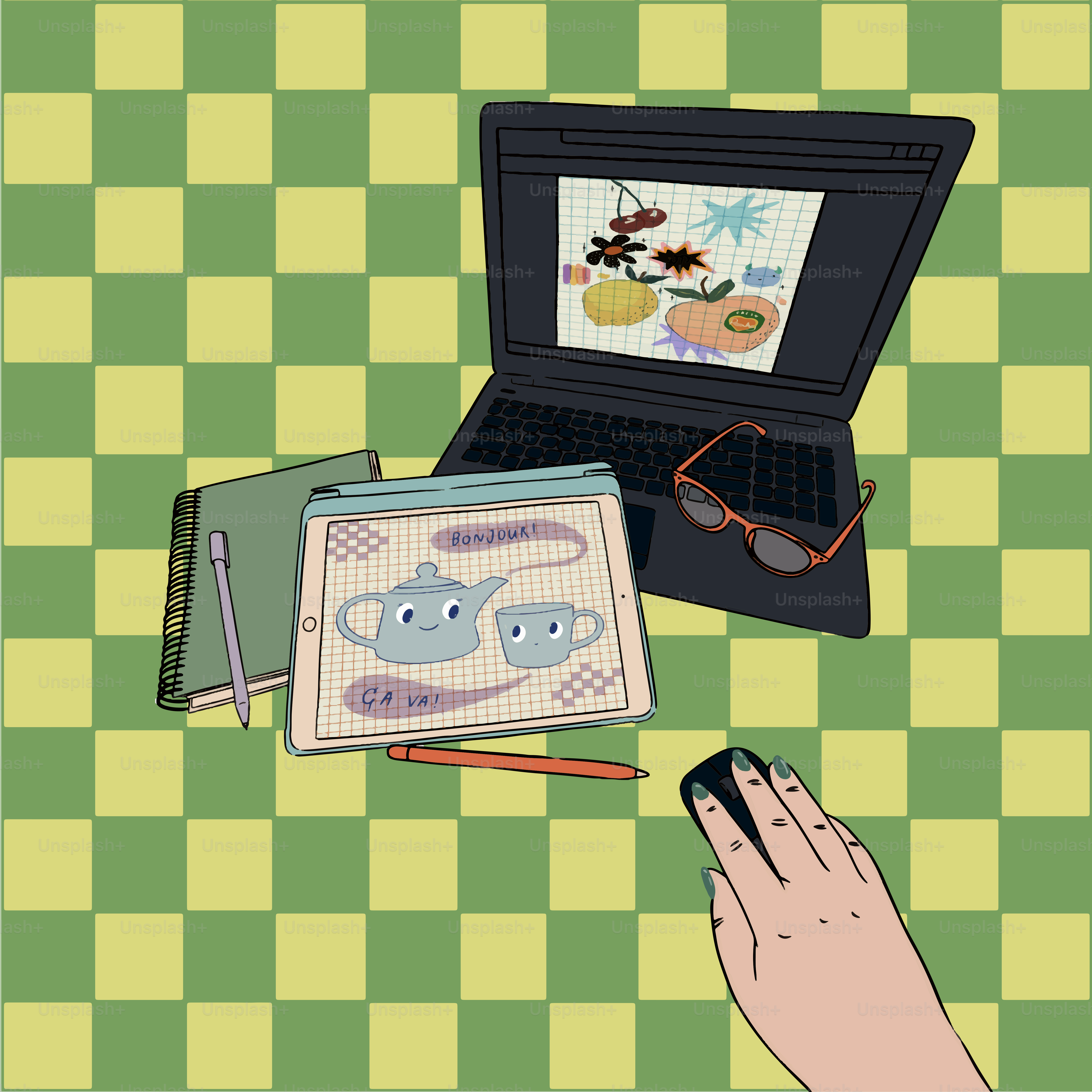 A person using a laptop computer on a checkered table