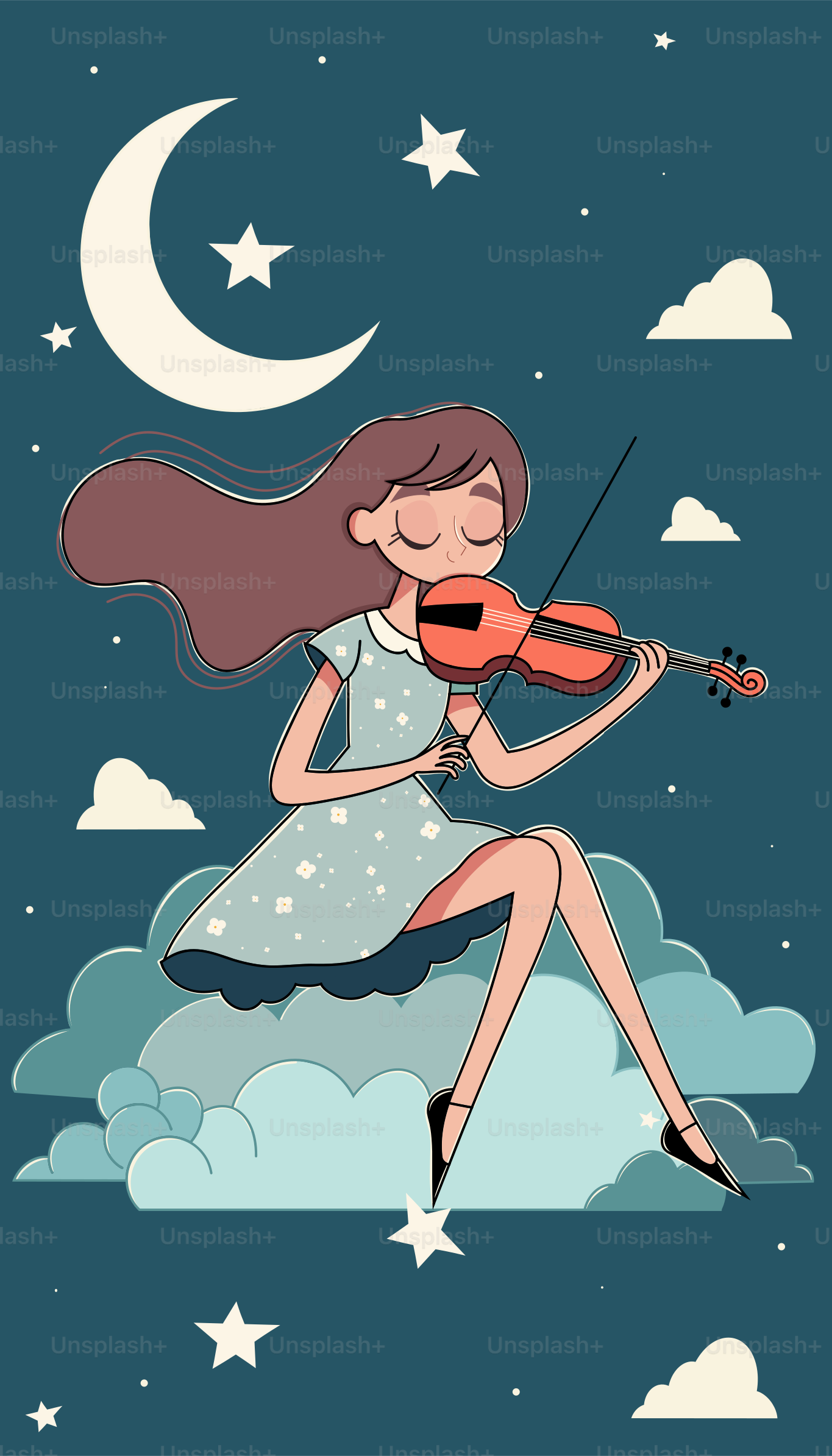 A girl playing a violin on a cloud