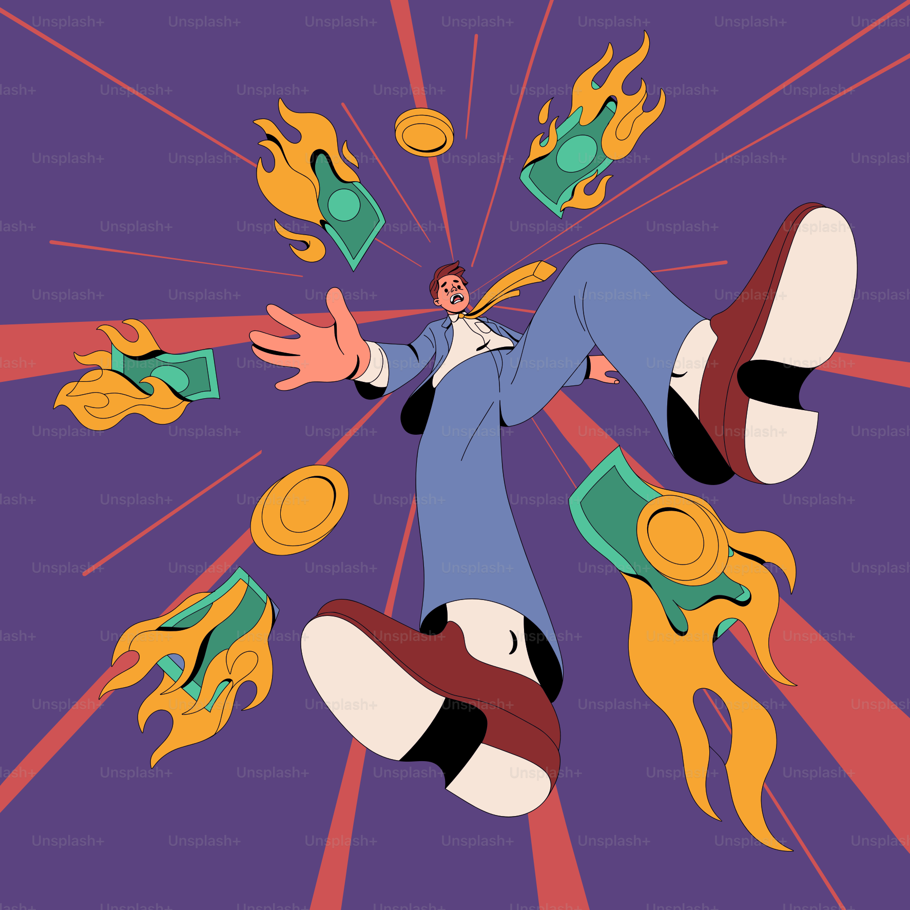 A man is surrounded by money and flames