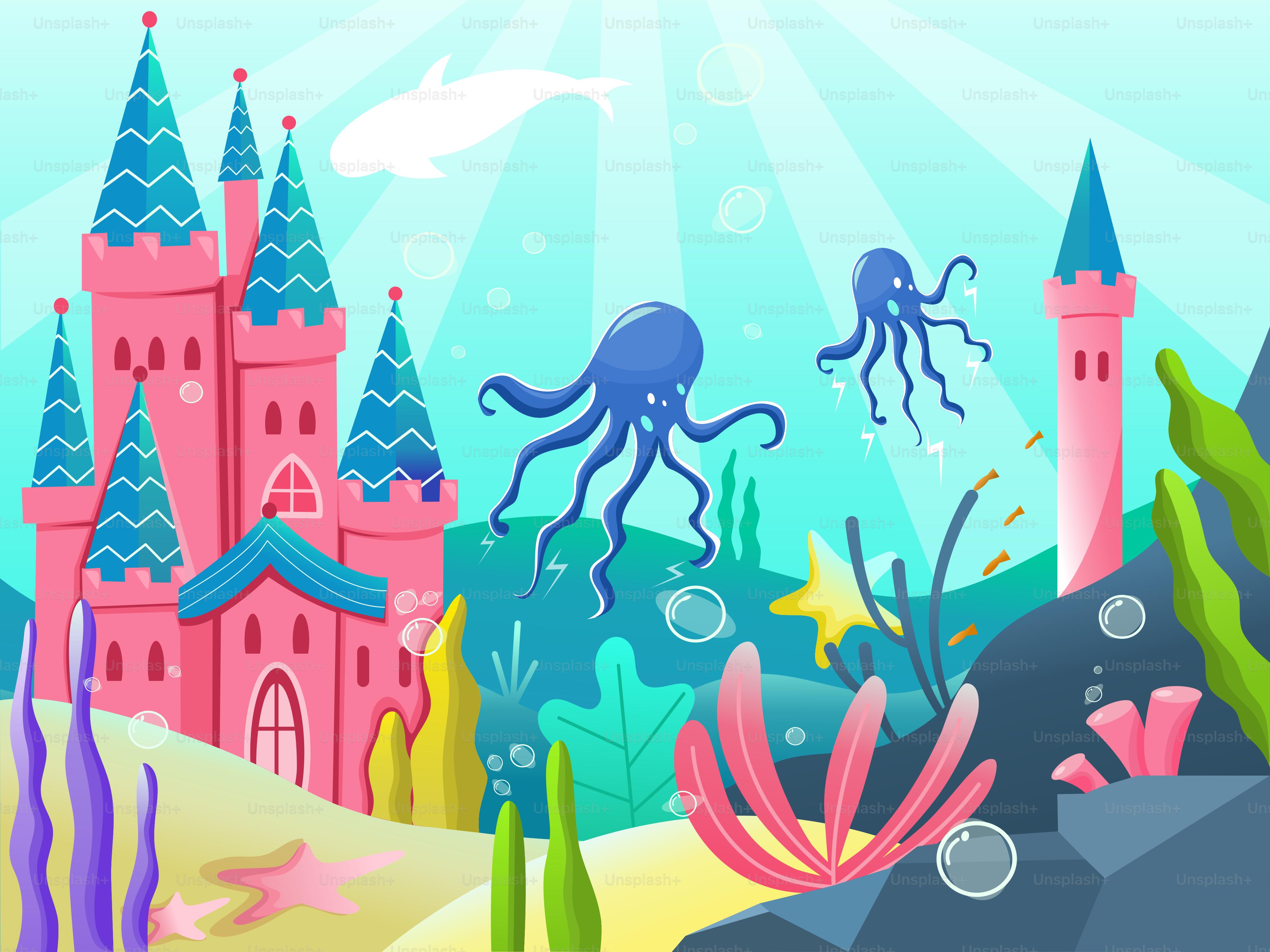 An underwater scene with a castle and octopus