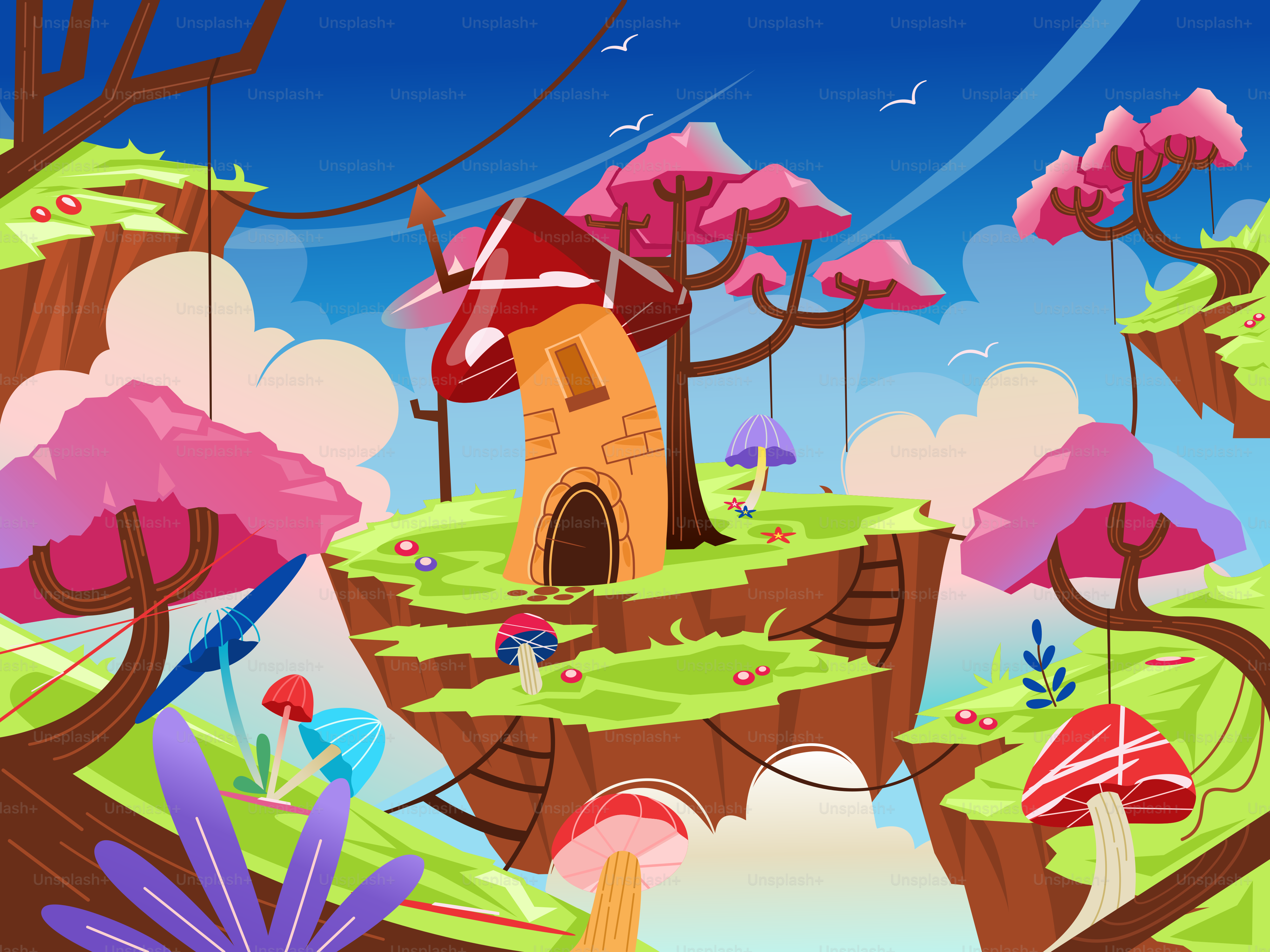 Eine Zeichentrickszene mit einem Haus auf einer Klippe