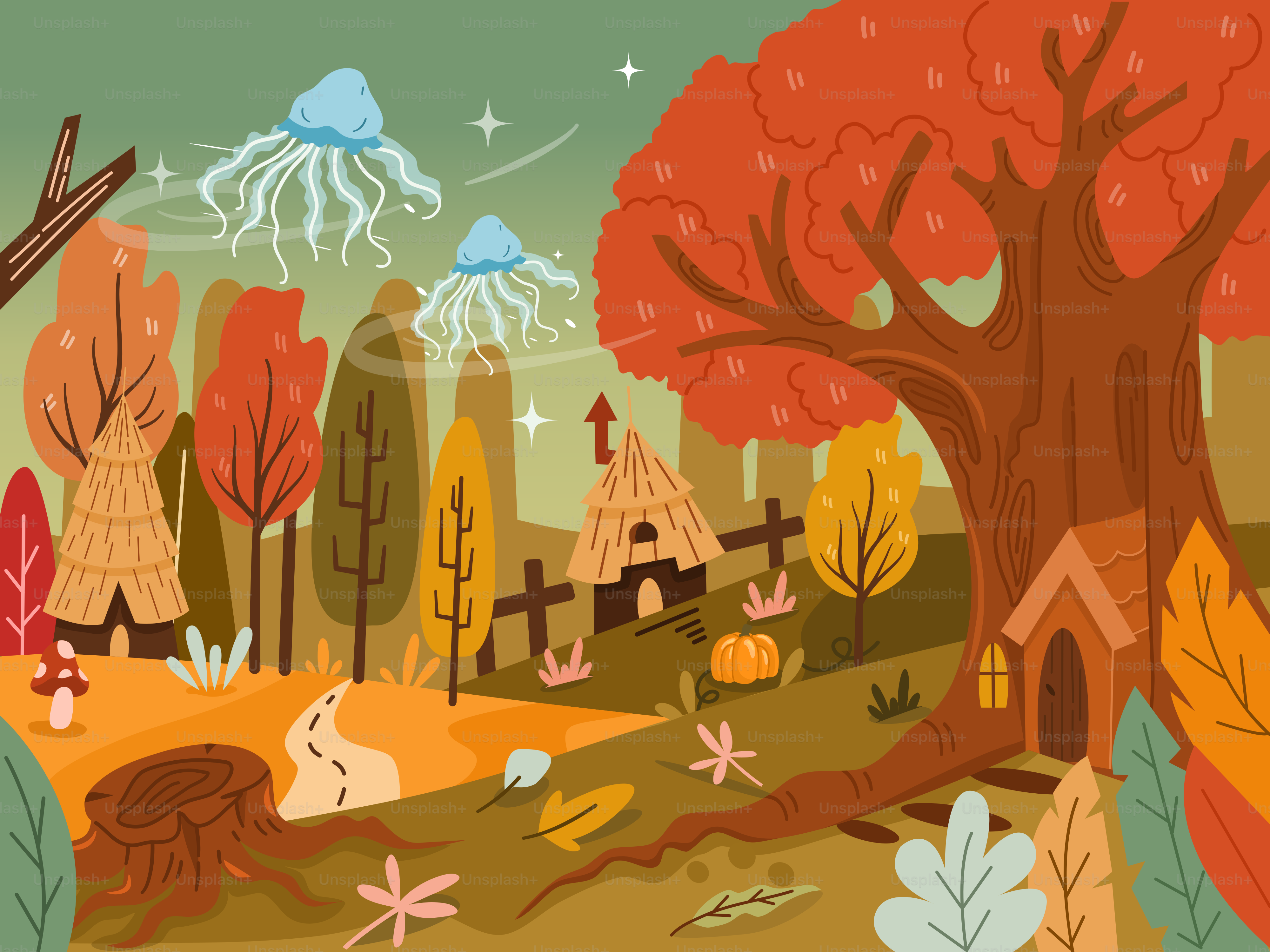 A painting of a forest with a house and trees