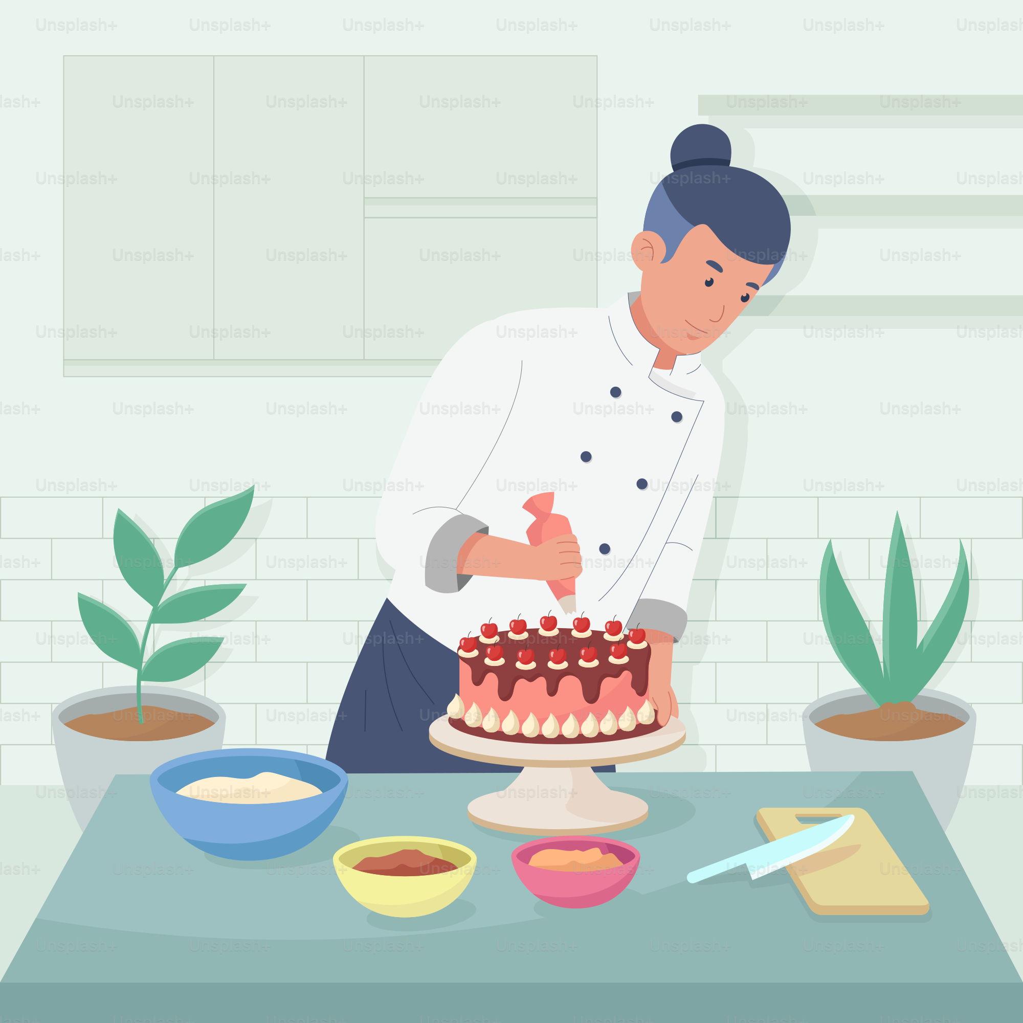A woman in a chef's uniform is cutting a cake