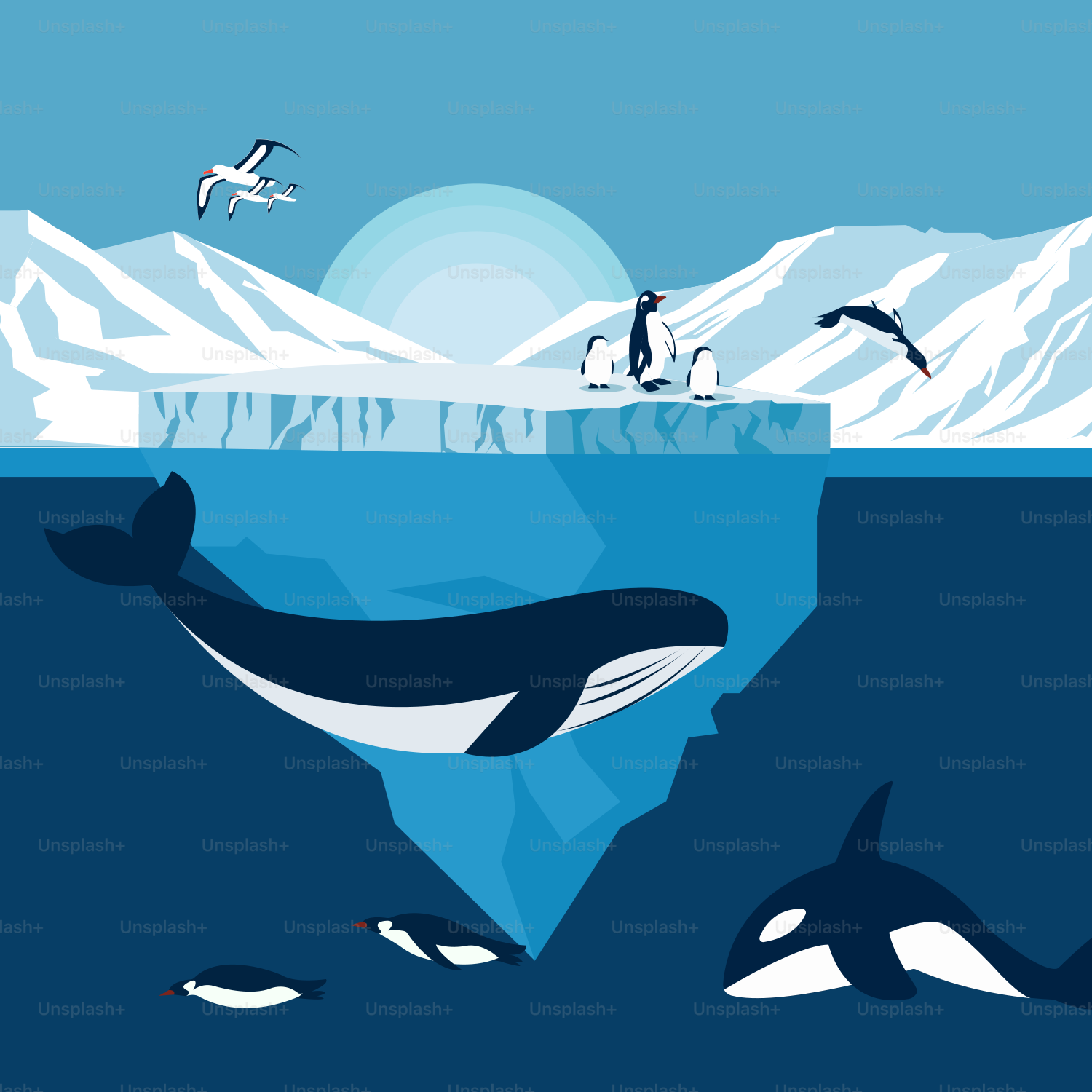 Una ballena nada en el océano cerca de una cordillera