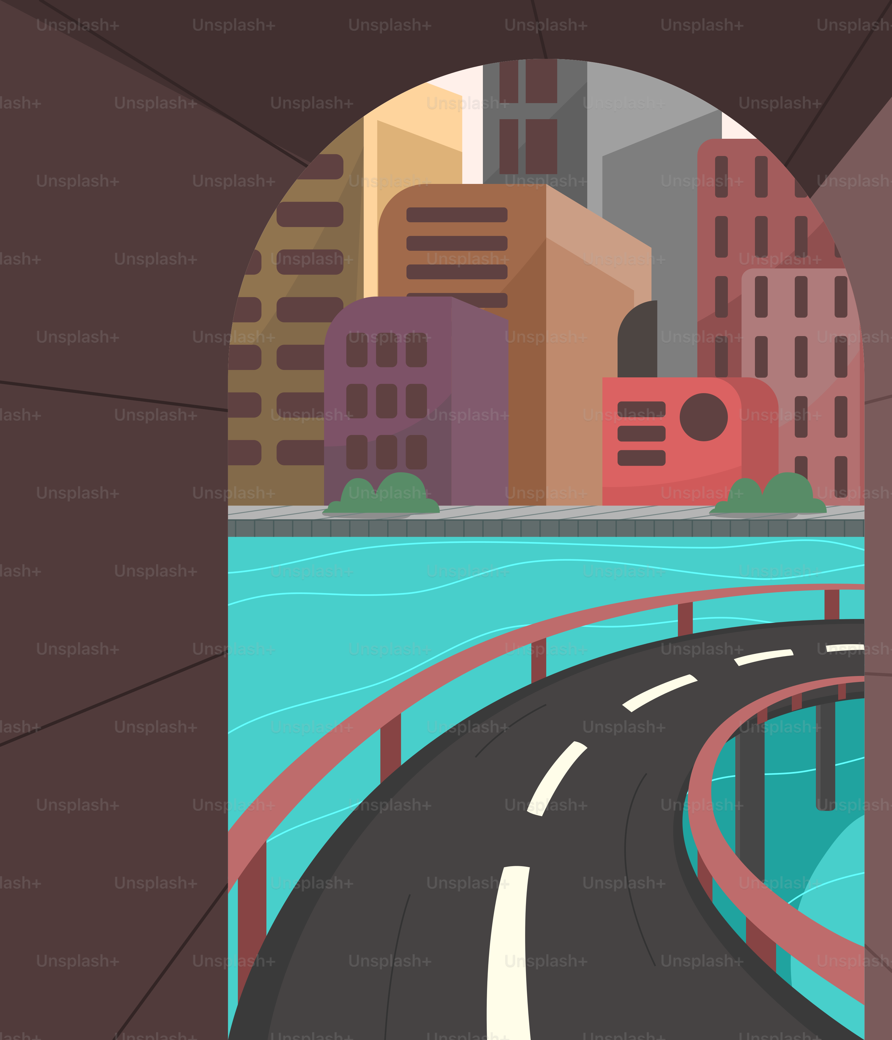 A road going through a tunnel with a city in the background