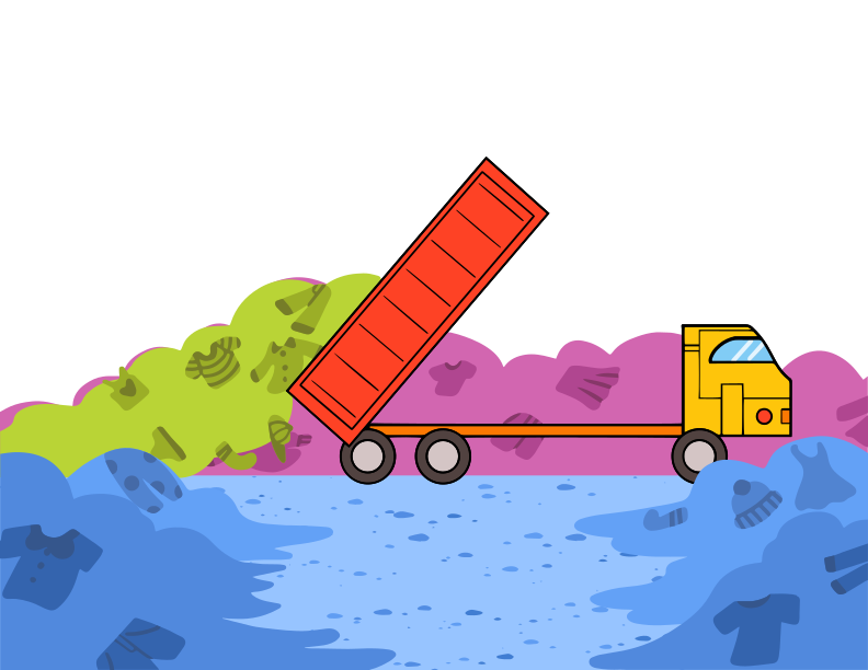 A dump truck driving down a road next to a pile of money