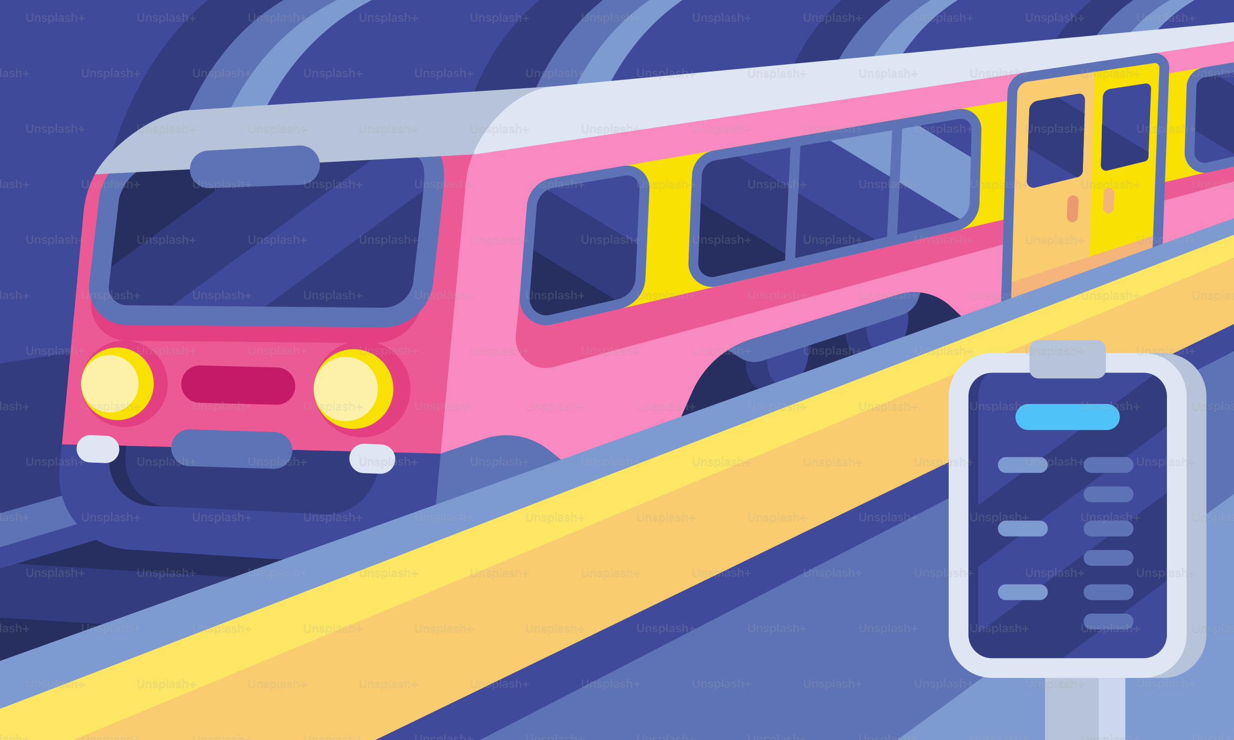 A pink train traveling through a train station