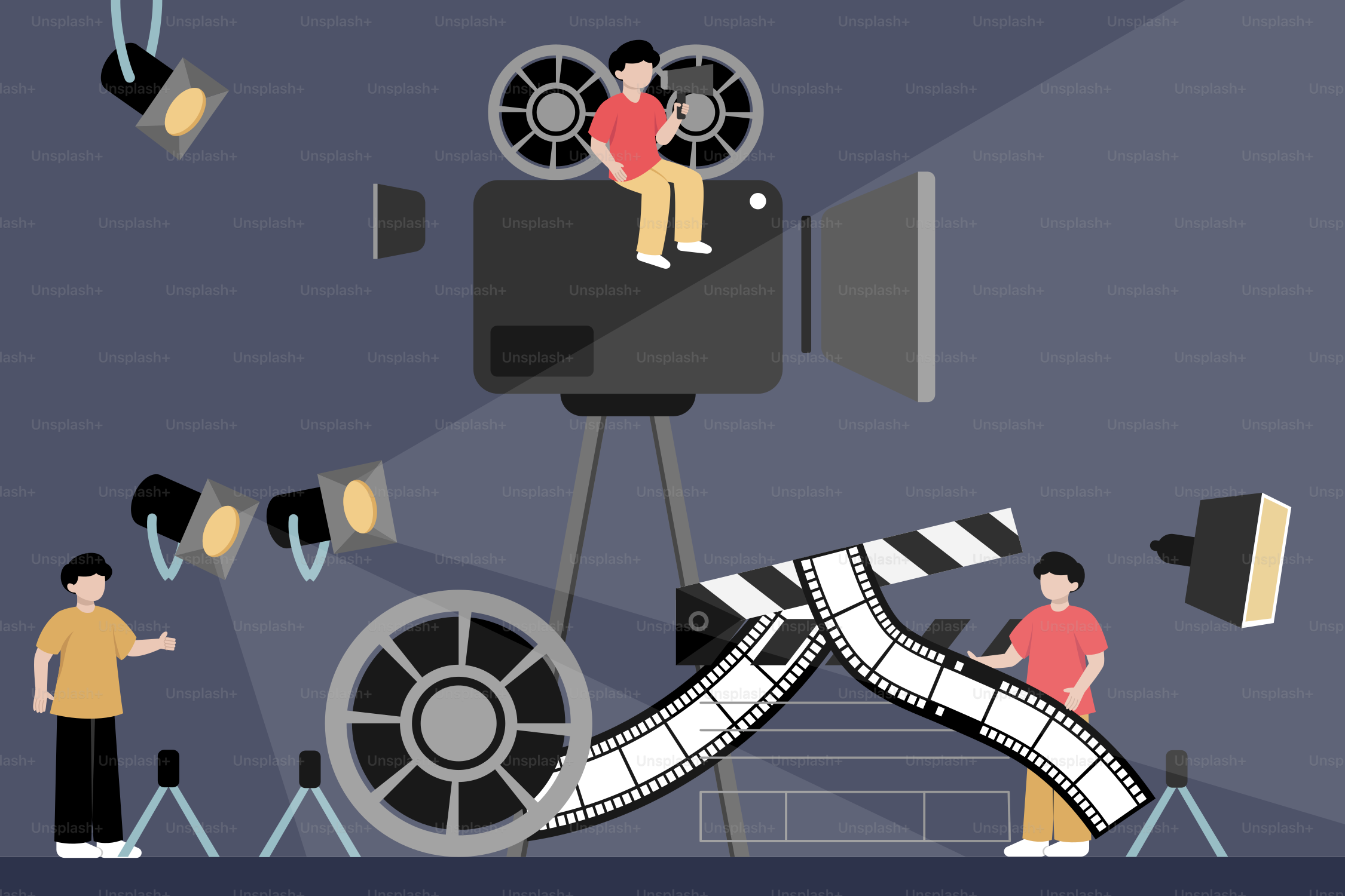 A movie projector with people around it