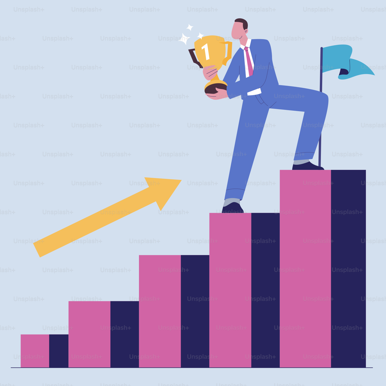 A man standing on a bar graph holding a trophy