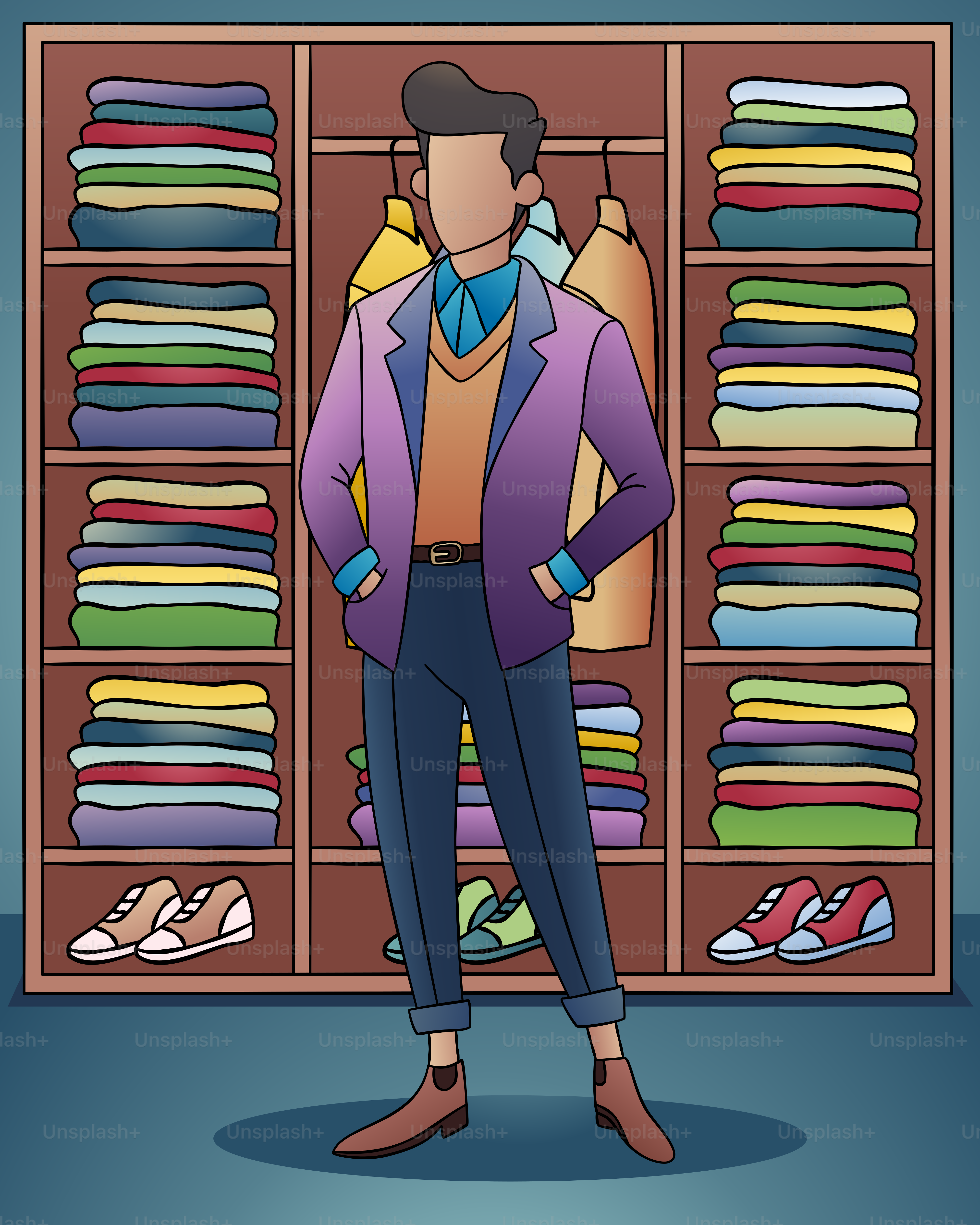 A man standing in front of a closet full of clothes