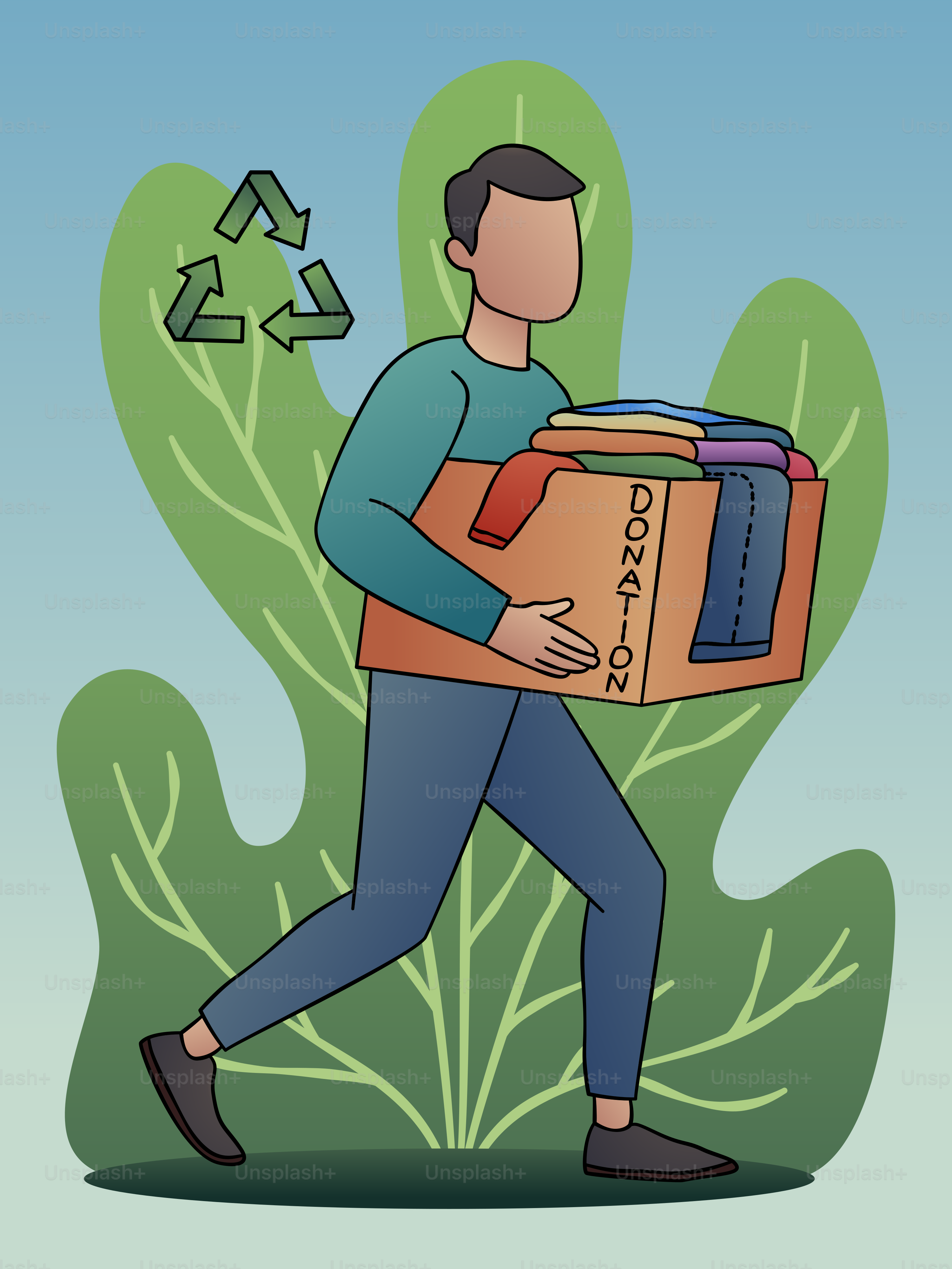 Un hombre que lleva una caja de cartón con flechas de reciclaje a su alrededor