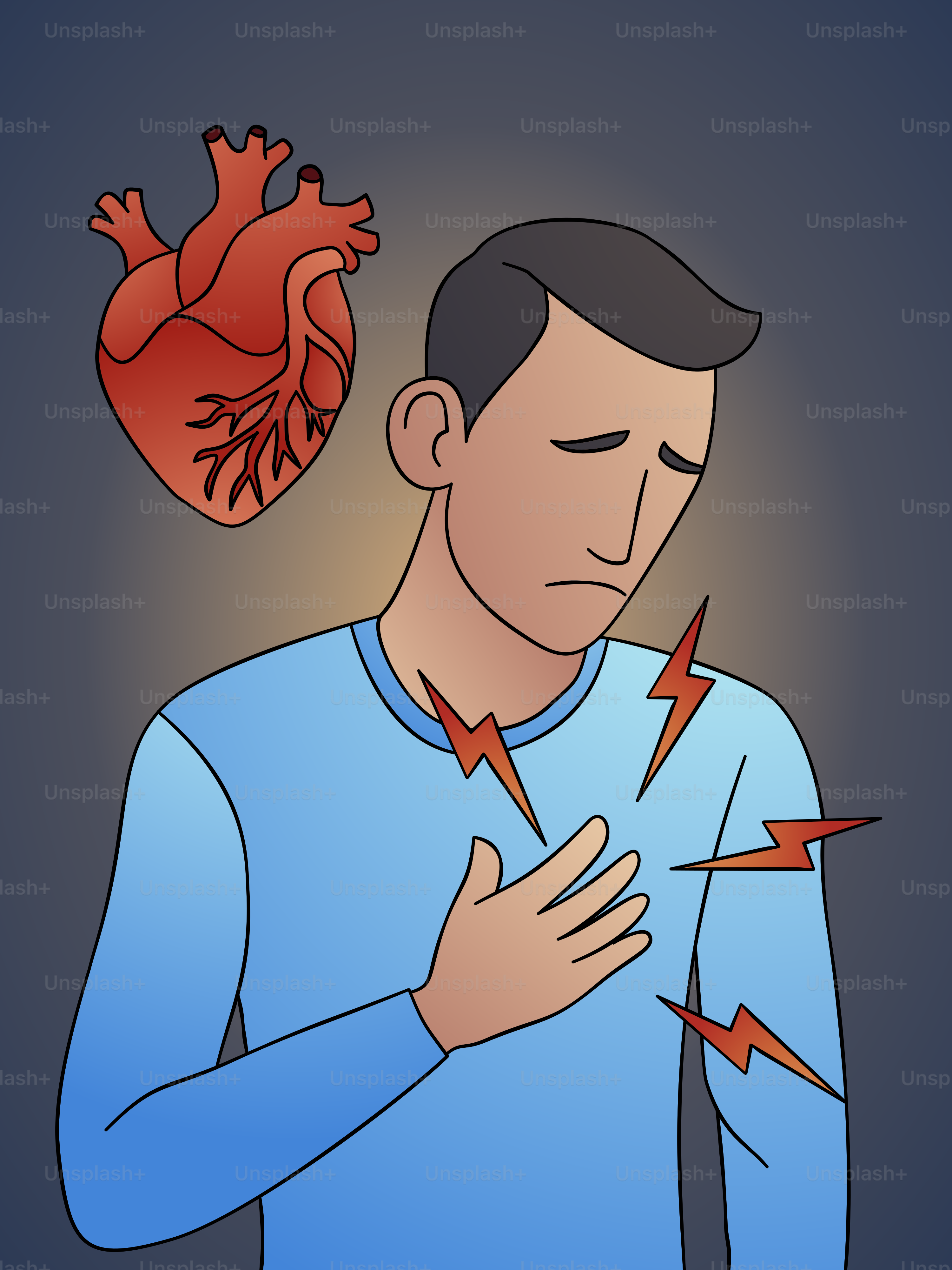 A man holding his chest with a heart in the background