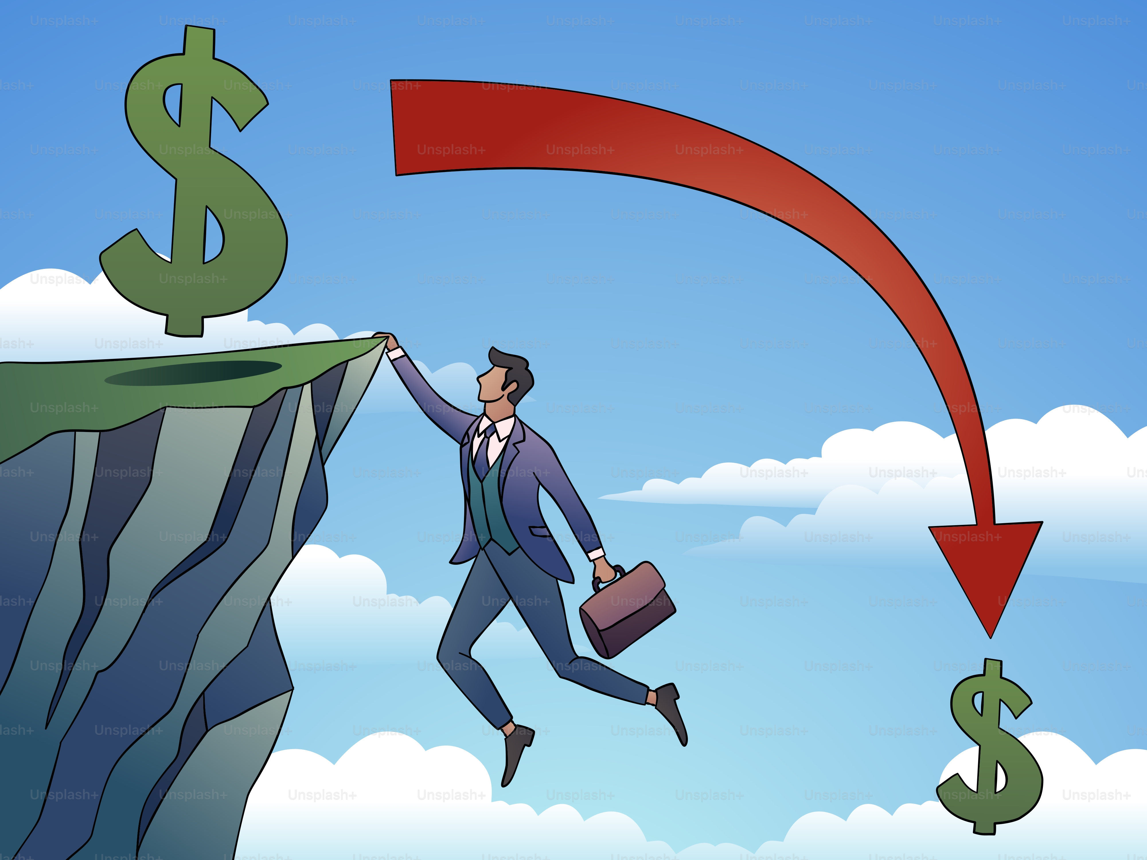 Un hombre de traje salta de un acantilado