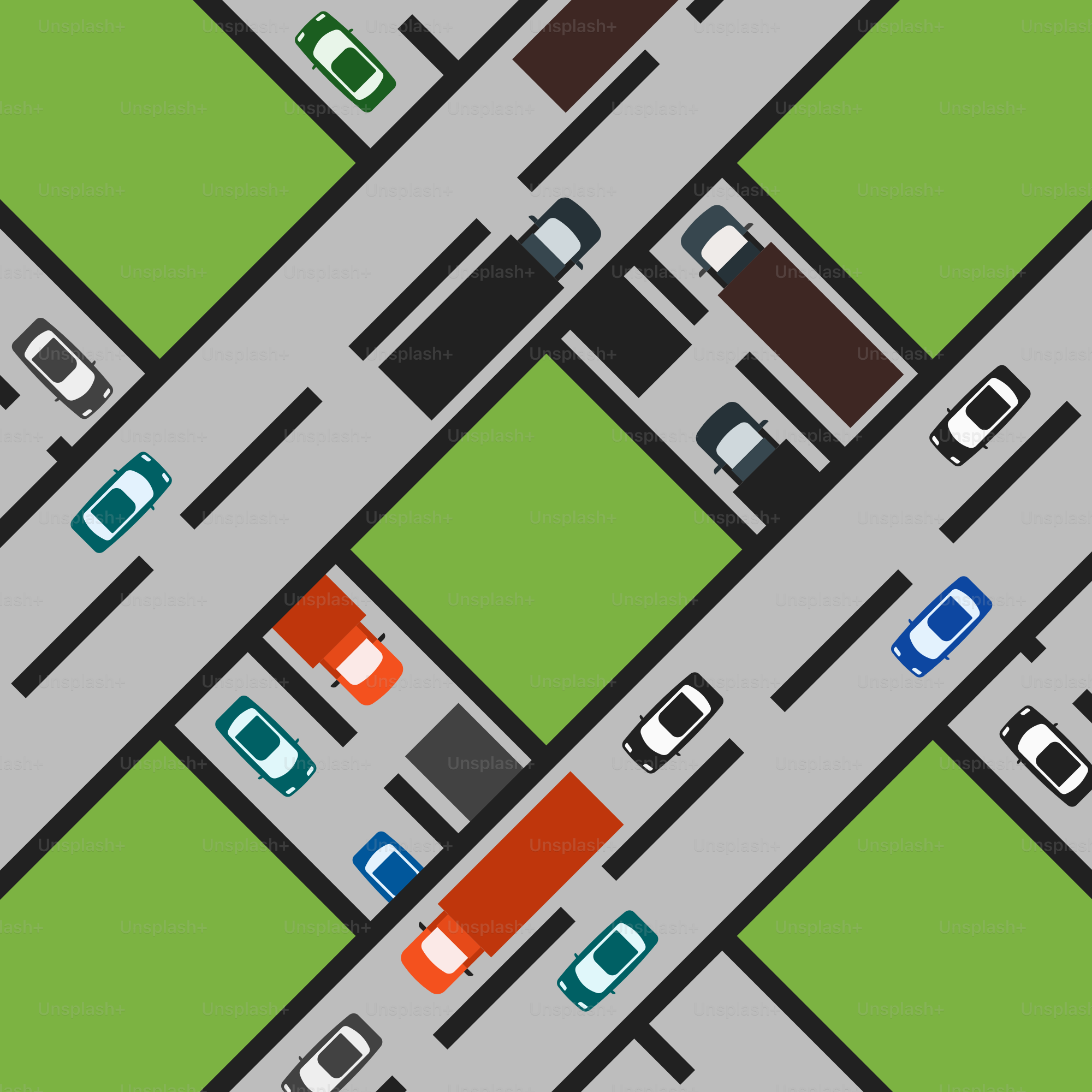 An overhead view of a city street with many cars