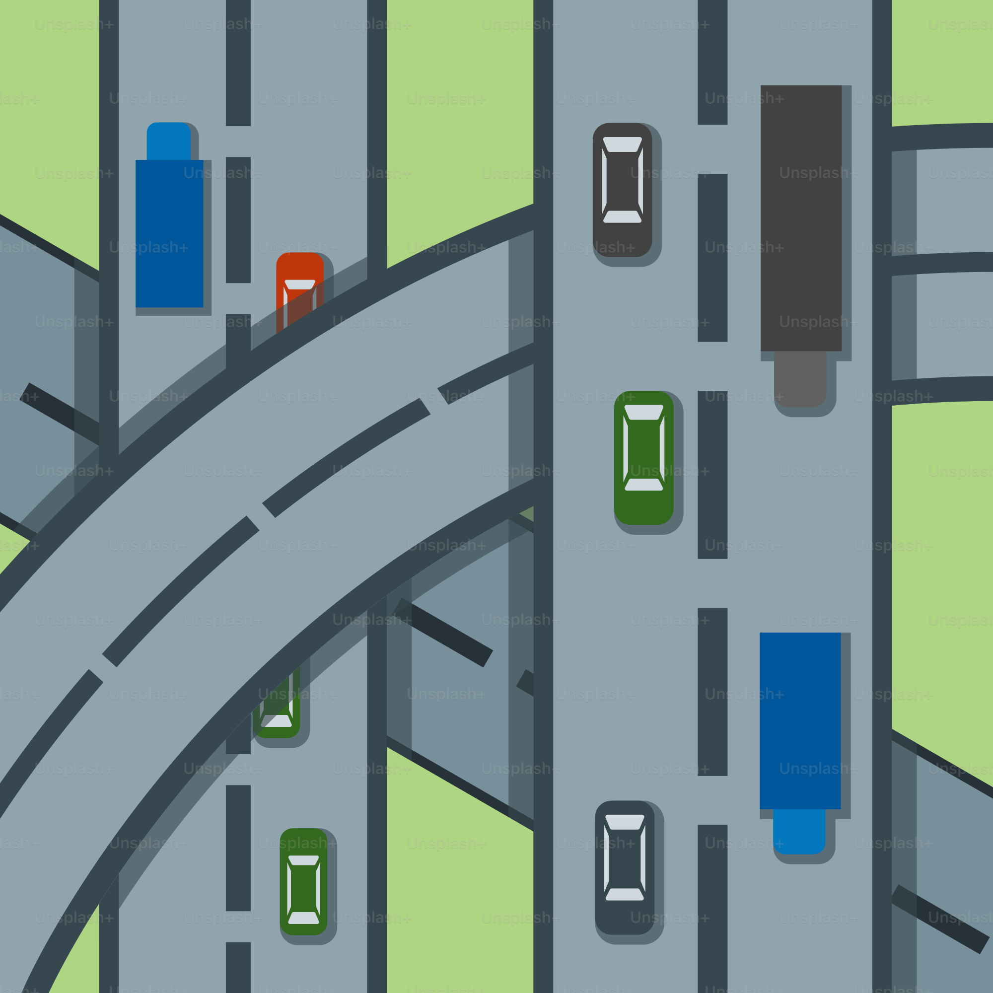 A cartoon of a road with cars and trucks on it