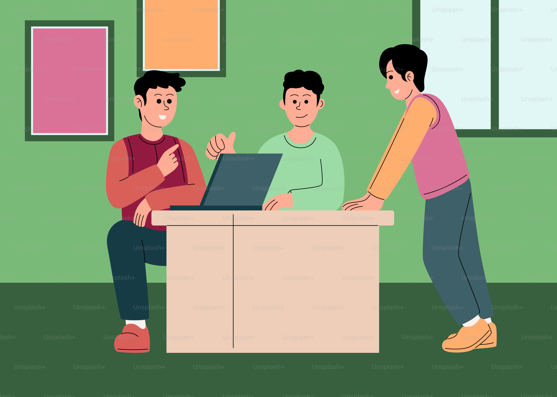 A group of people sitting around a table with a laptop