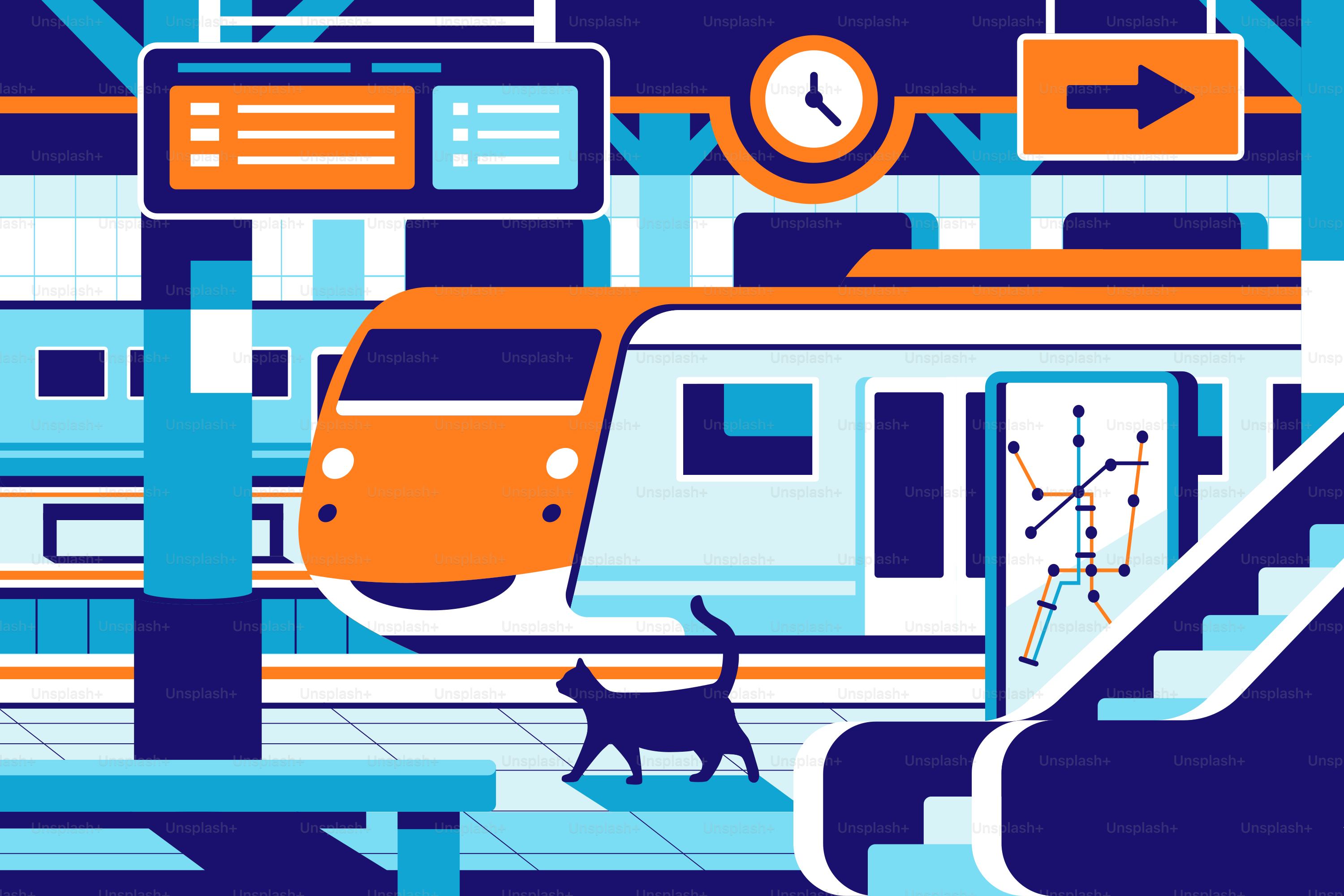 A train traveling through a train station next to a dog