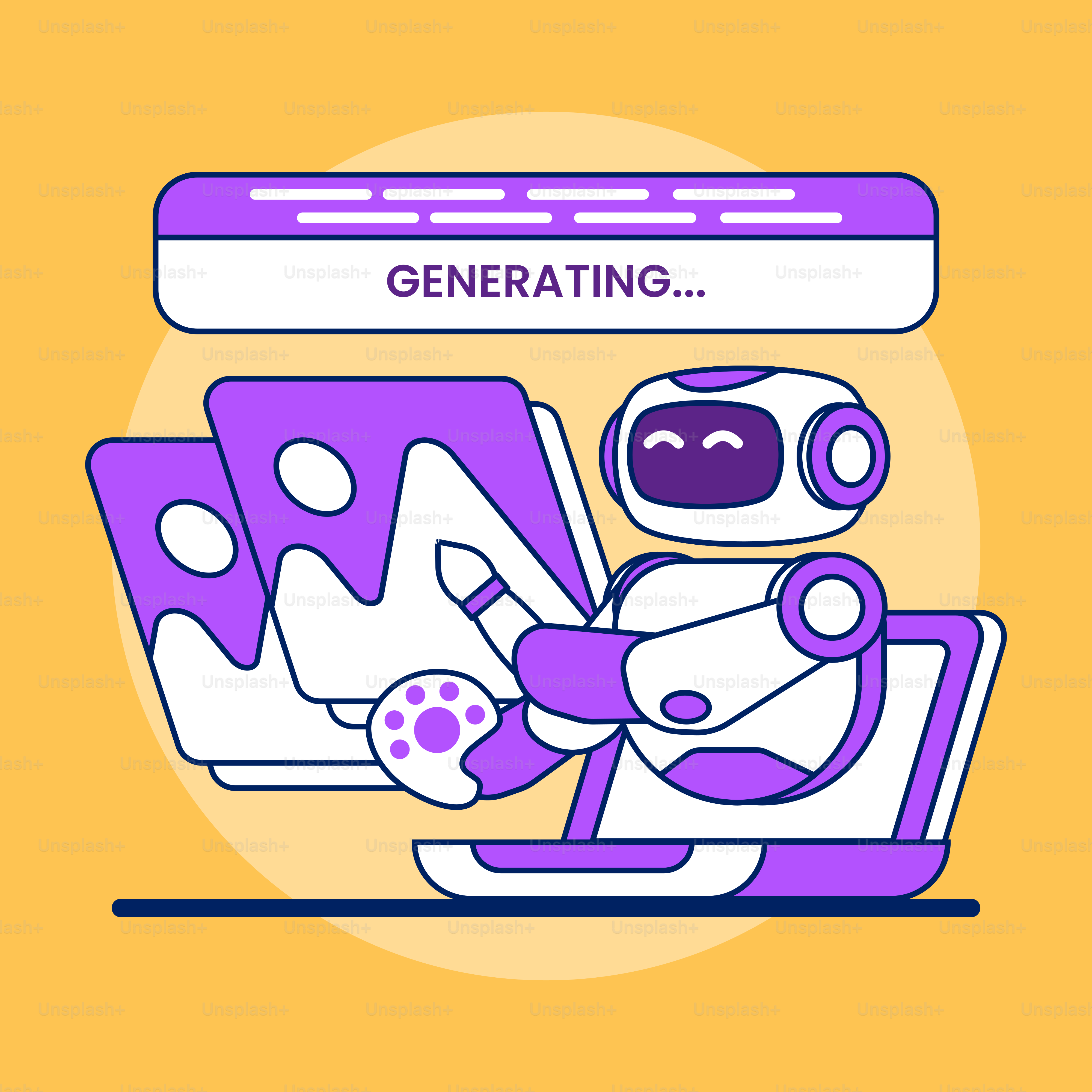 A purple and white robot sitting on top of a laptop