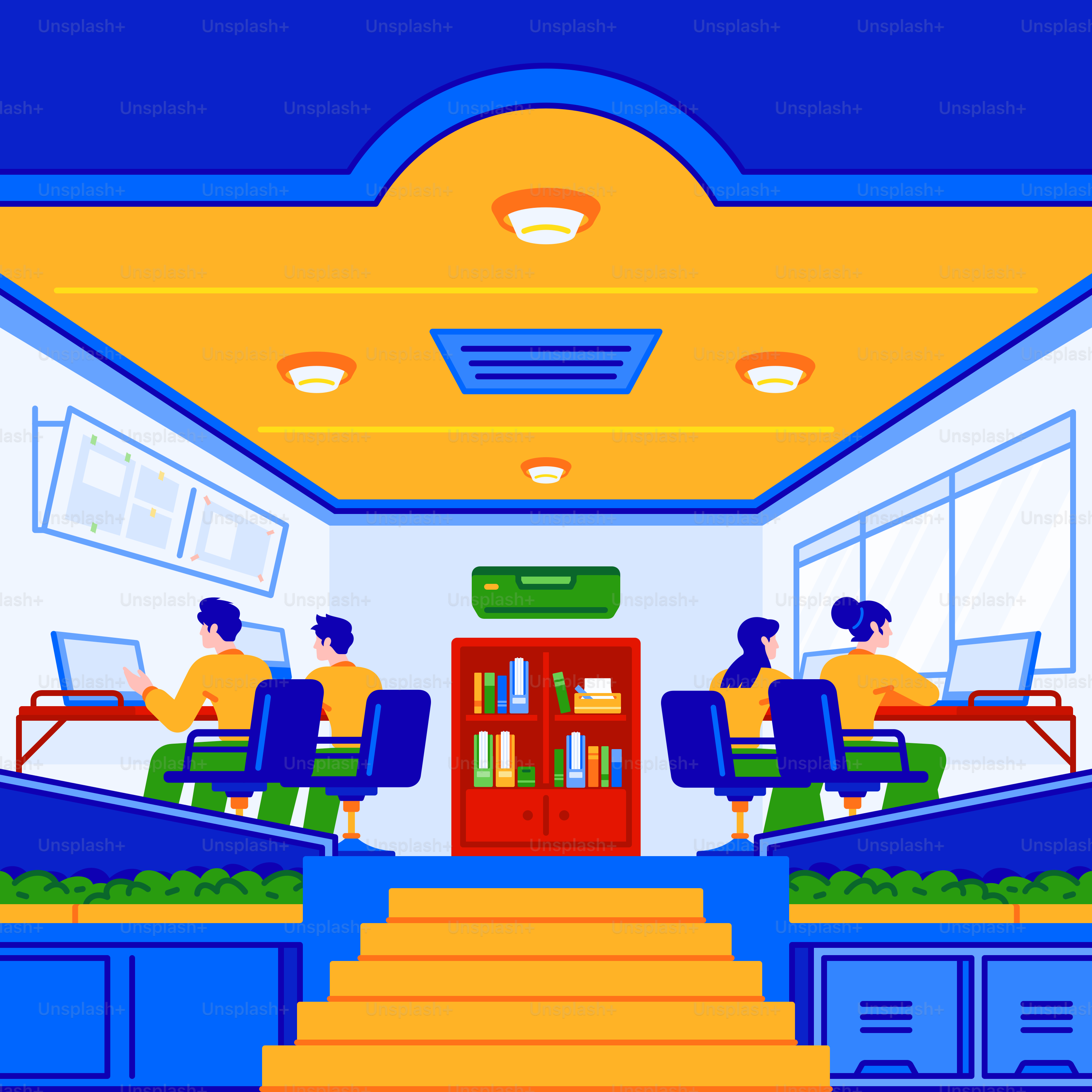 Eine Gruppe von Menschen, die an Schreibtischen in einem Raum sitzen