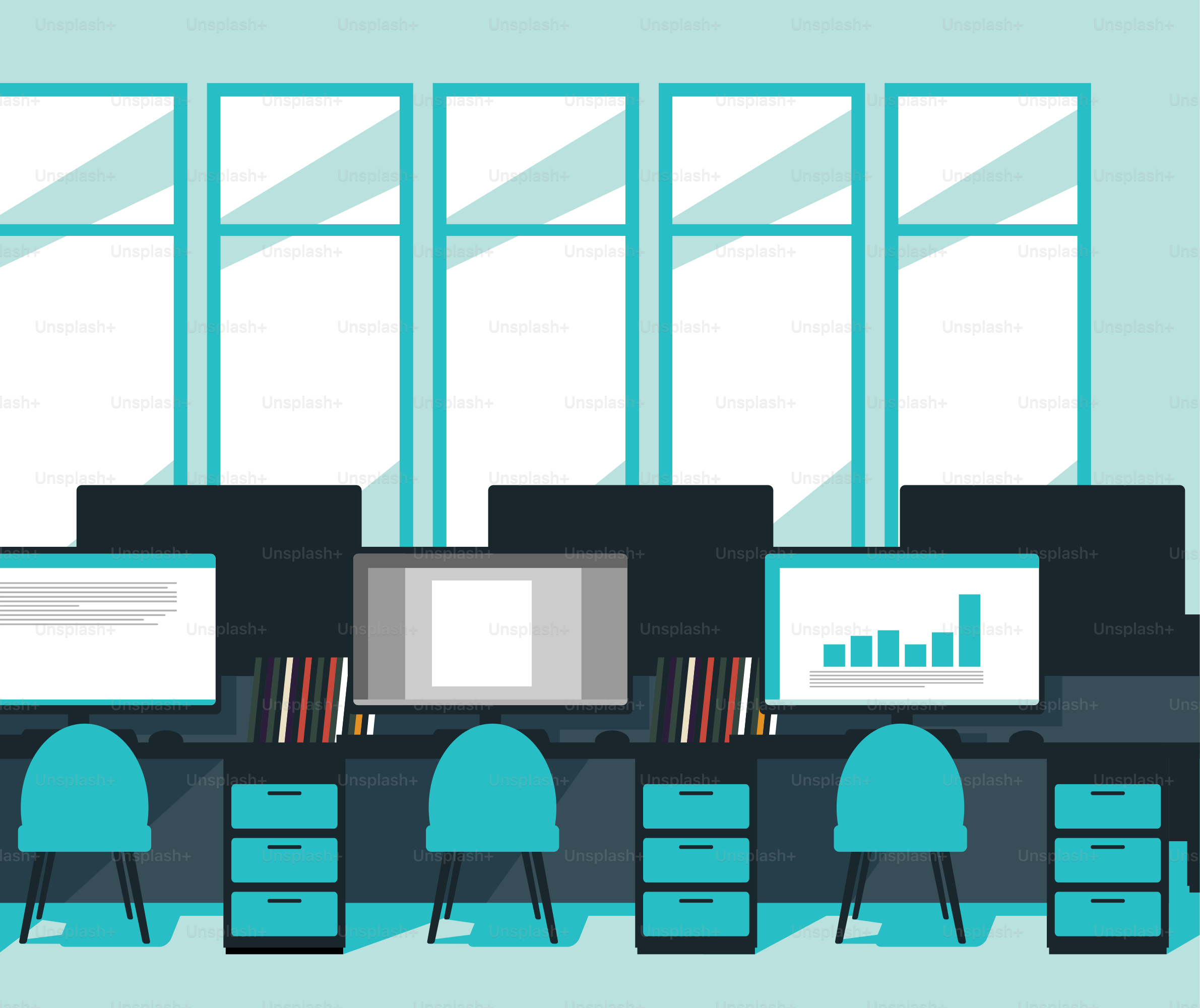 Ein Raum mit einem Haufen Schreibtische und Computer