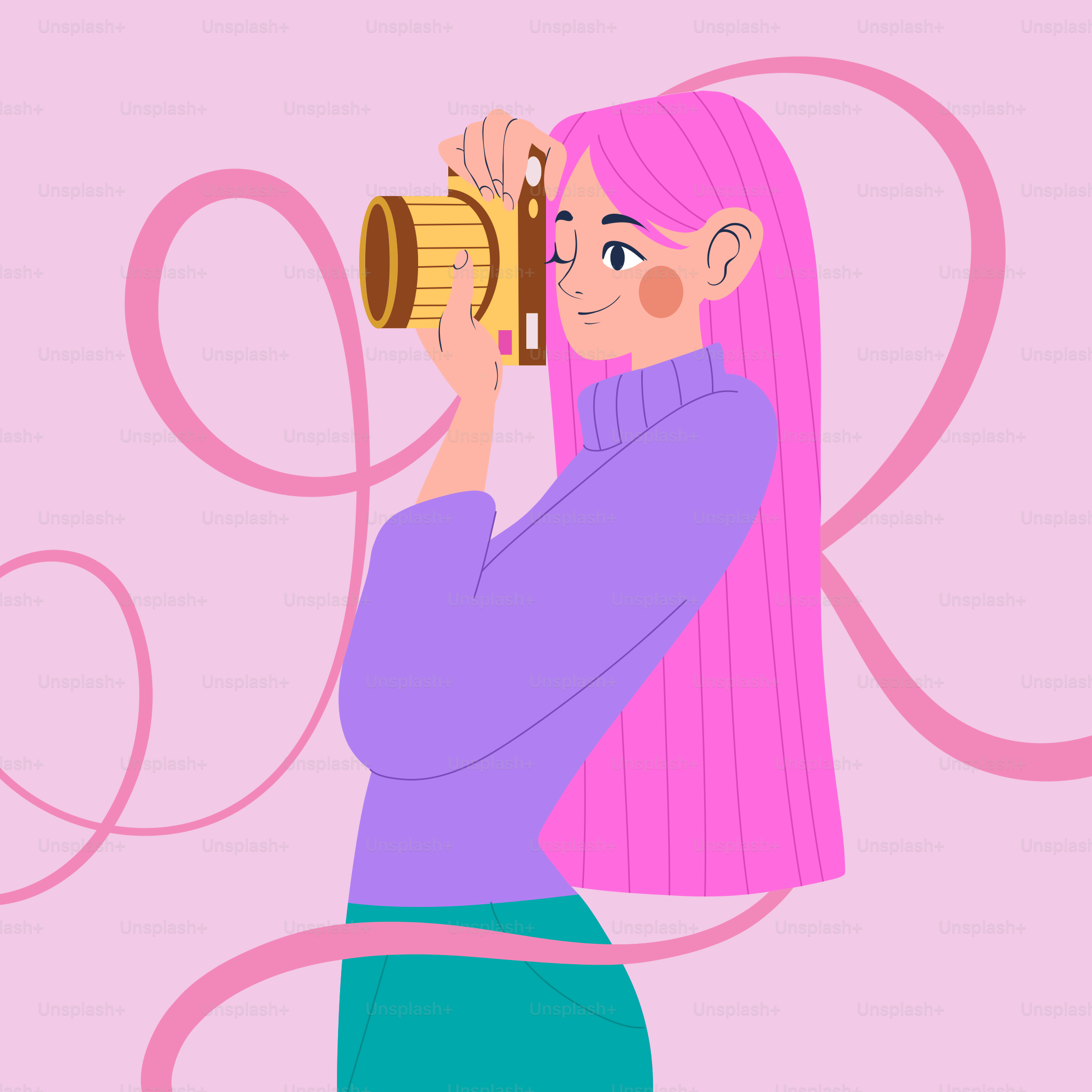 A woman with pink hair is looking through a telescope