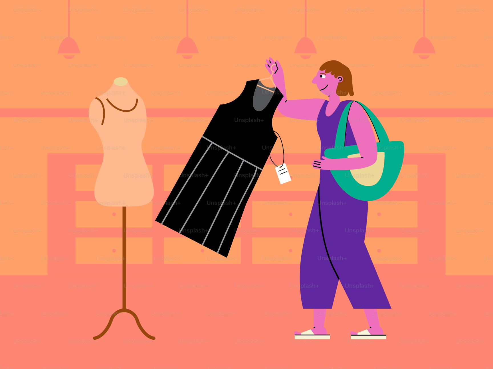 A woman looking at a dress on a mannequin