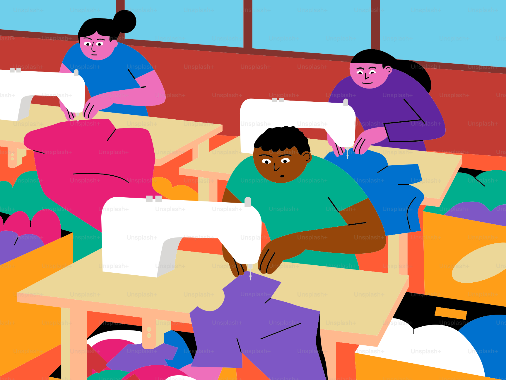 A group of people sitting at desks with sewing machines