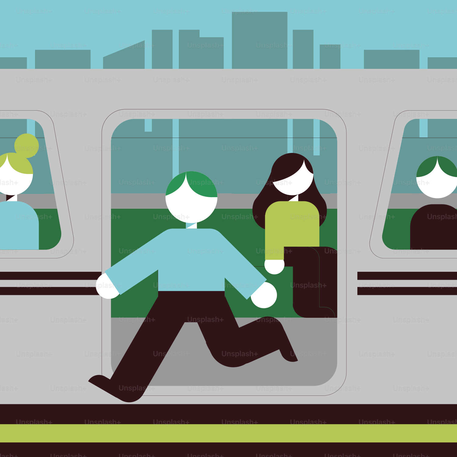 A group of people riding on a subway train
