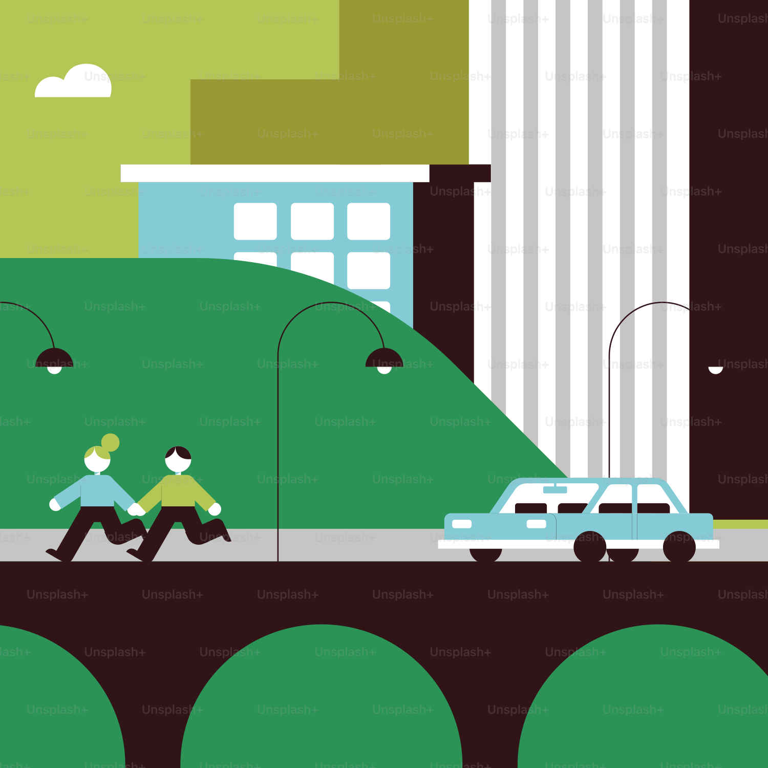 A couple of people walking across a bridge