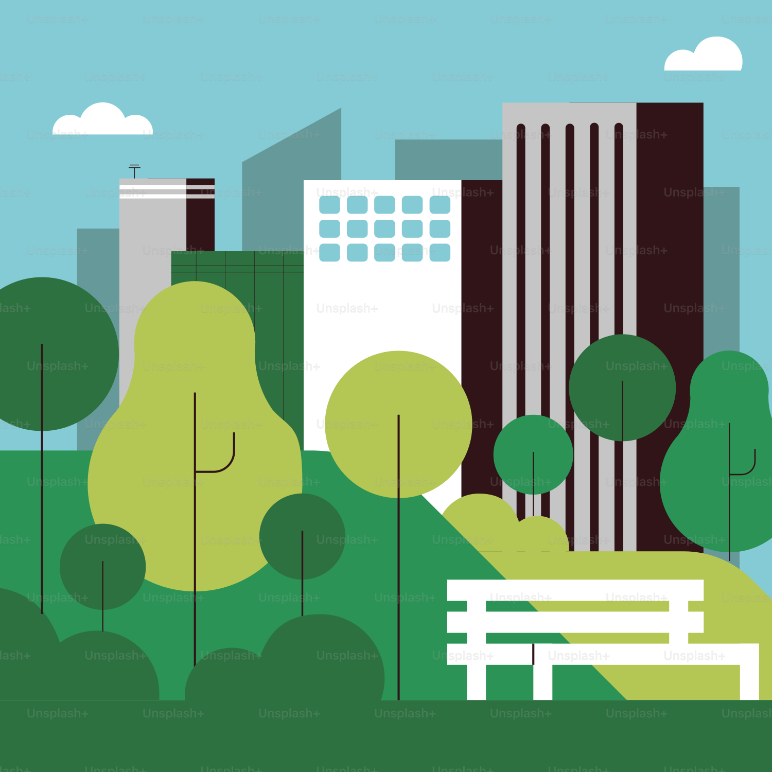 A picture of a city with trees and a bench