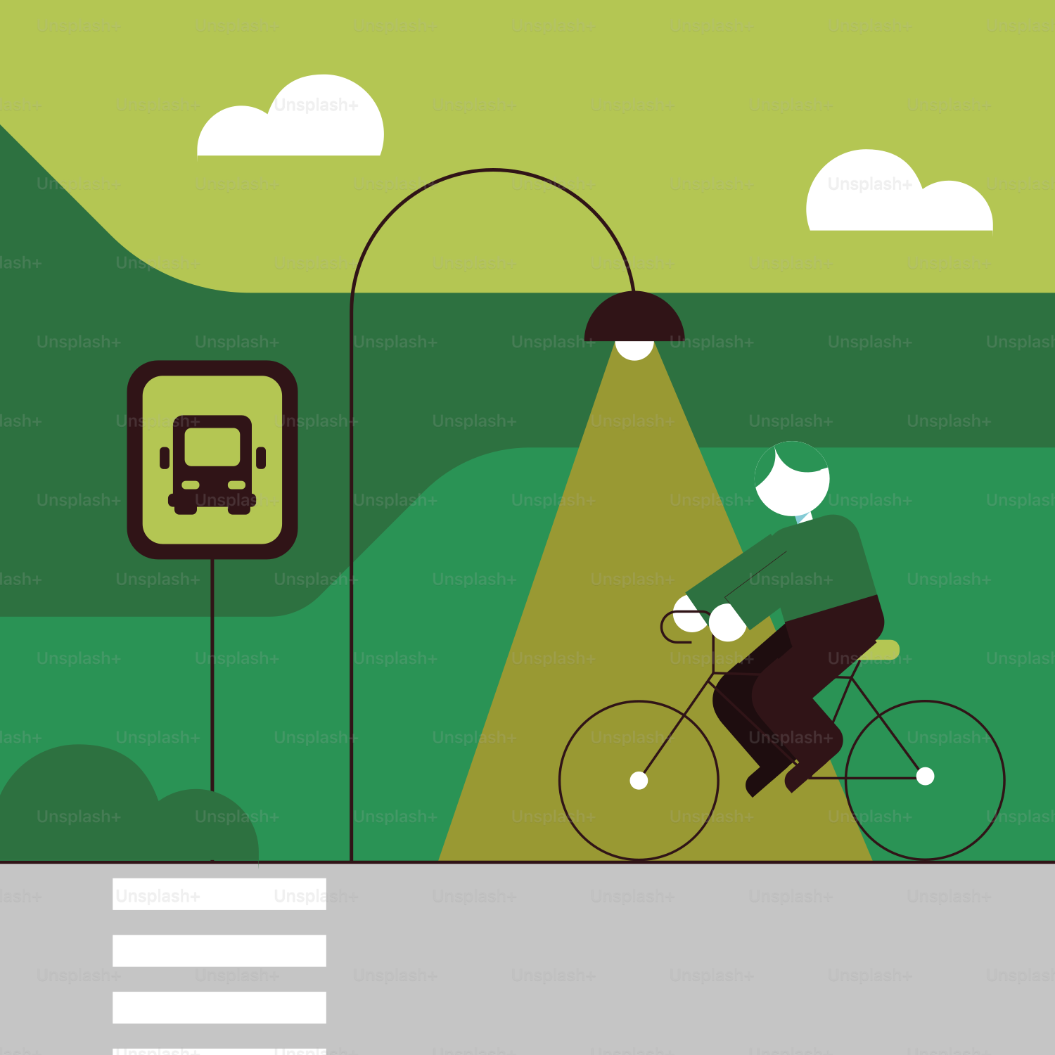 A man riding a bike down a street next to a traffic light