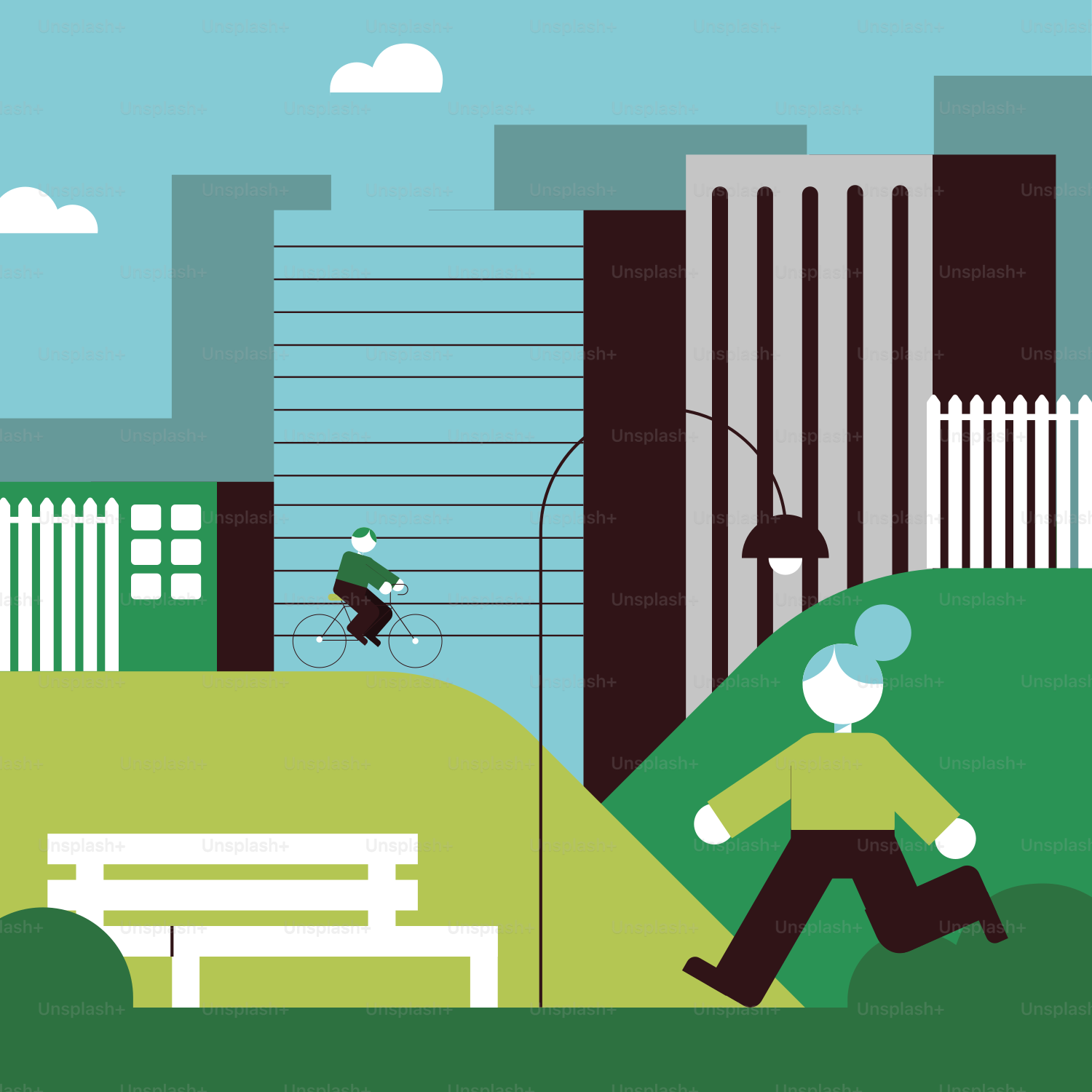 A man is running in a park with buildings in the background