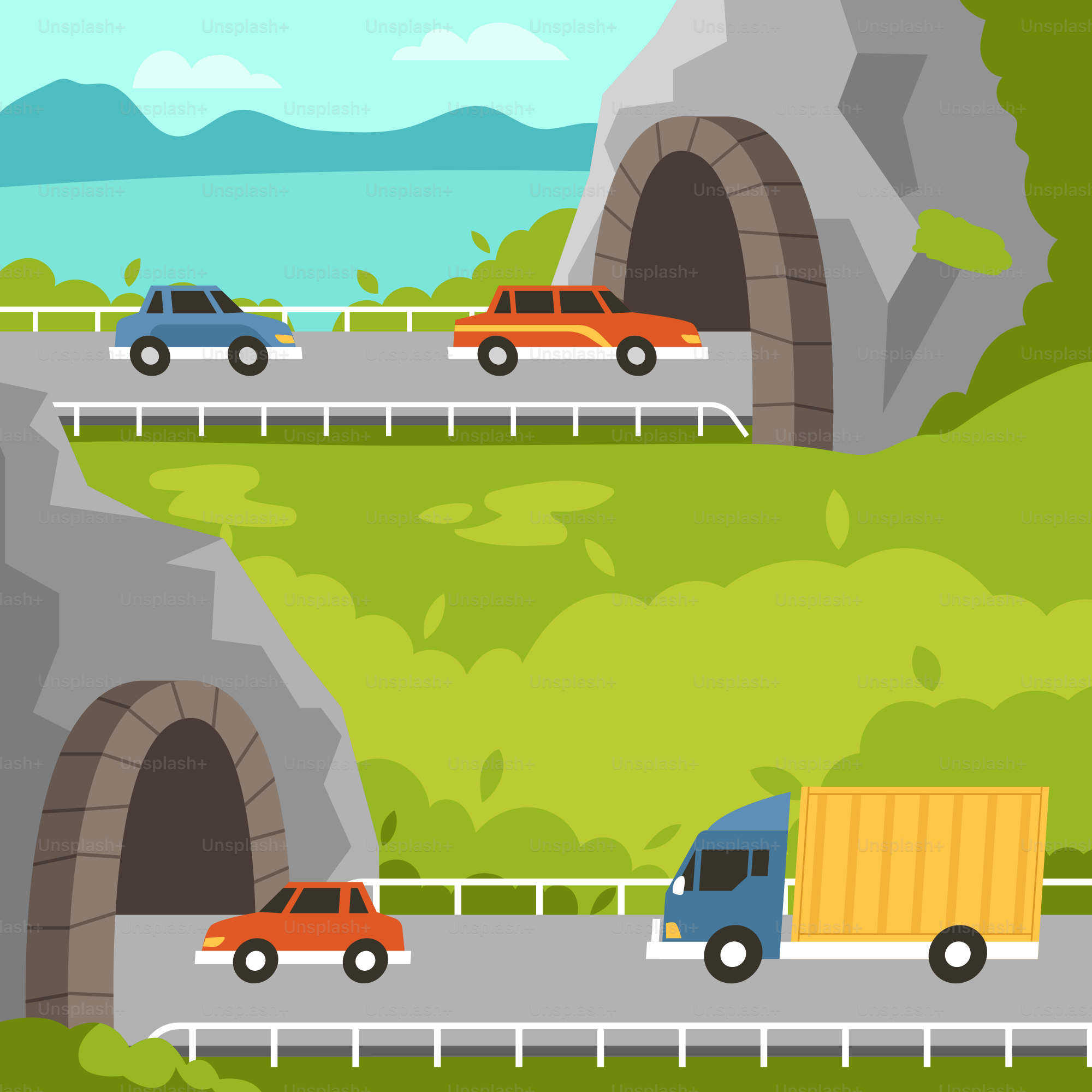 A group of cars driving down a road next to a tunnel