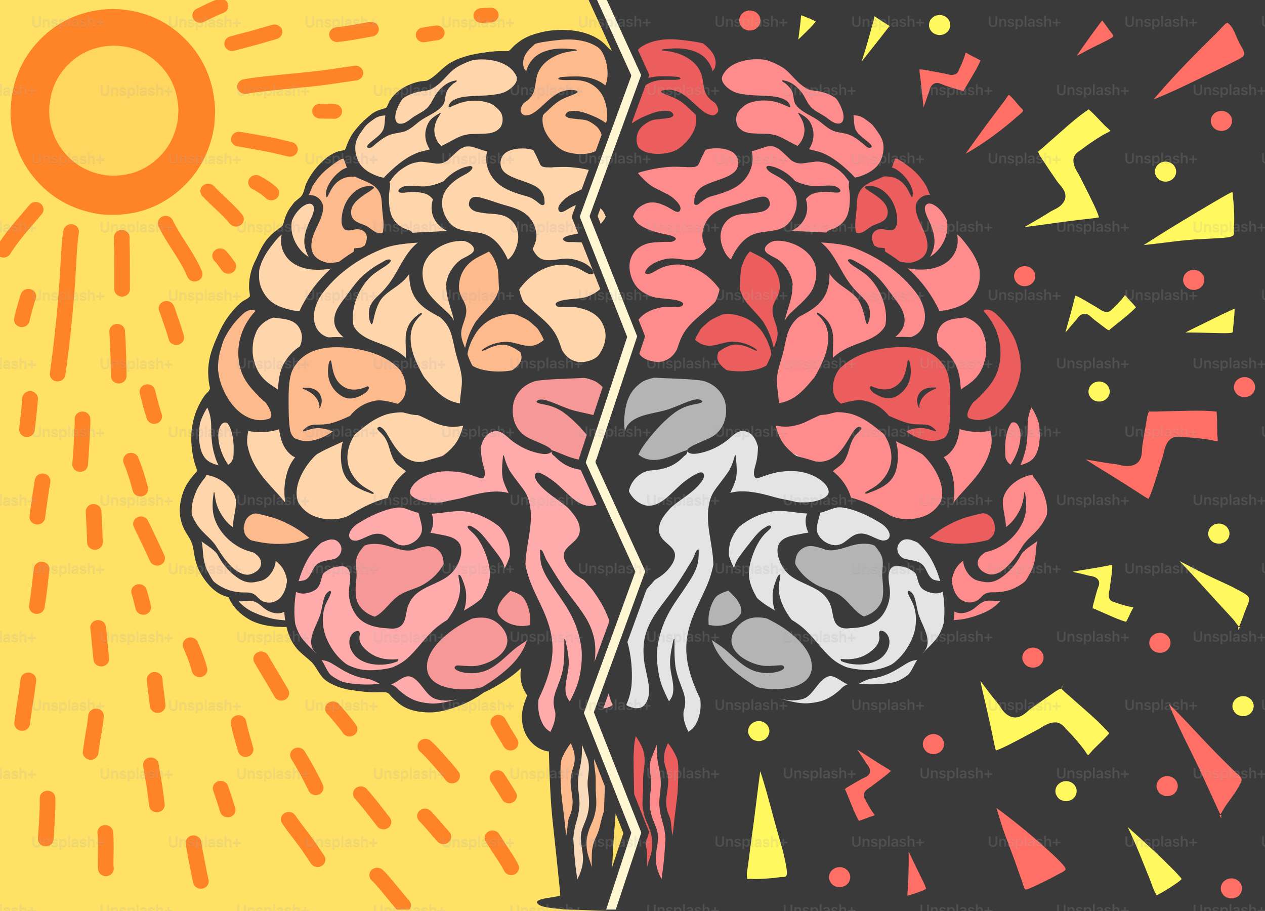 Two halves of a human head with a sun in the background