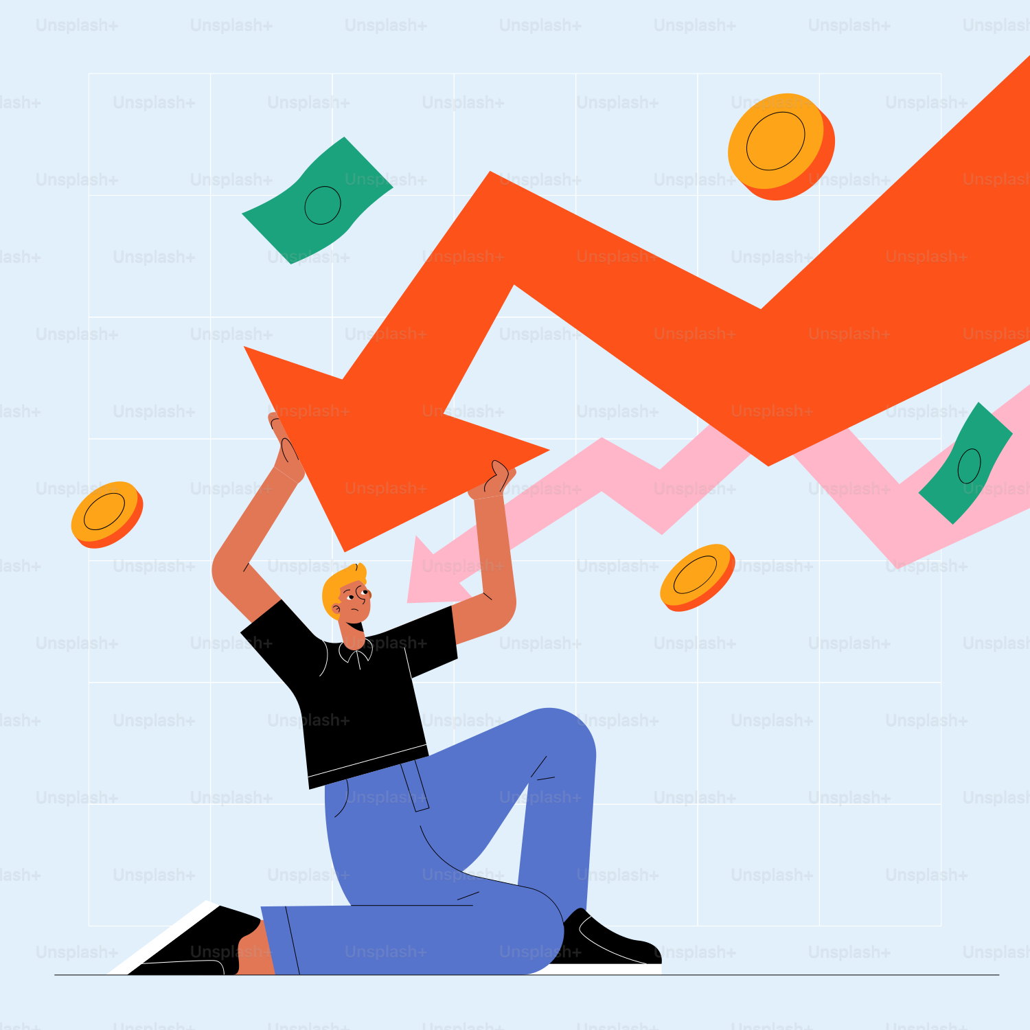 A man sitting on the ground with money falling from his head