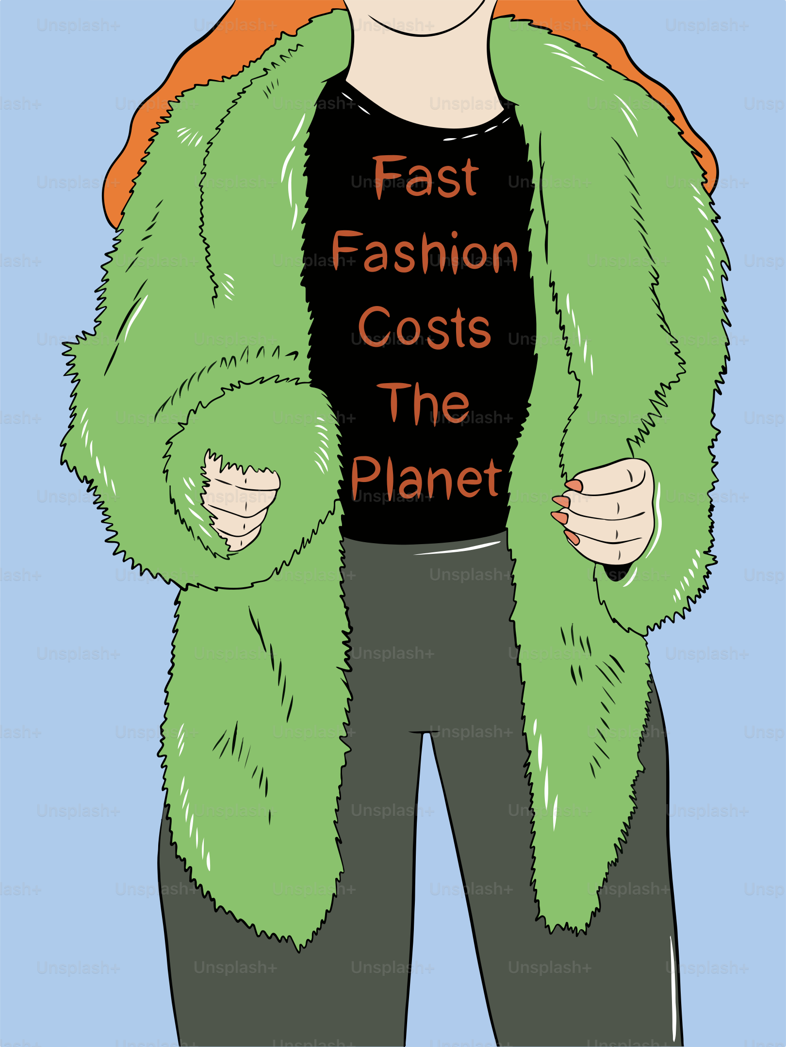 Un dibujo de una mujer con un abrigo verde