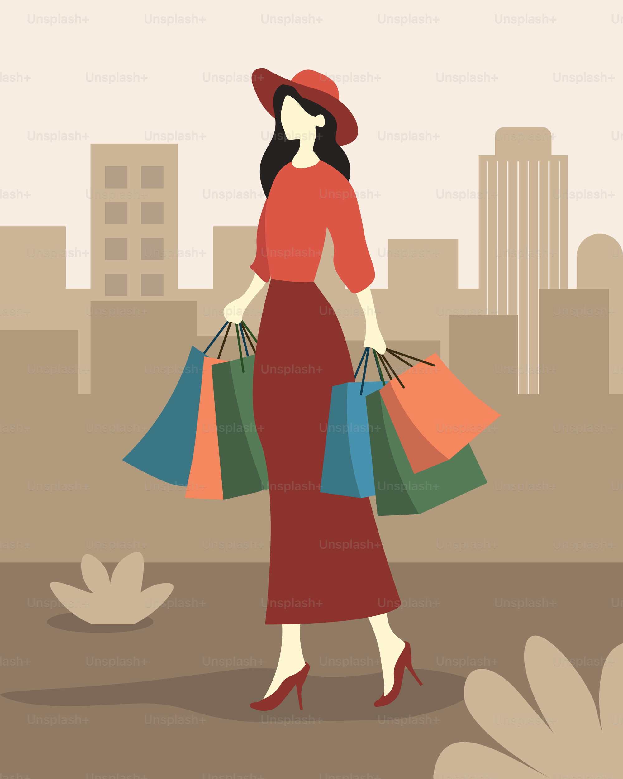 Una donna in un vestito rosso che porta le borse della spesa