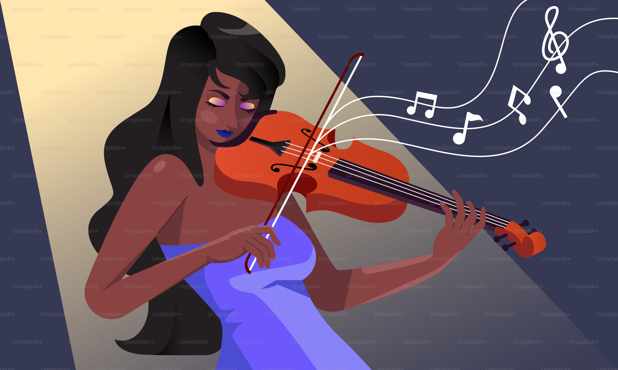 A woman in a blue dress playing a violin