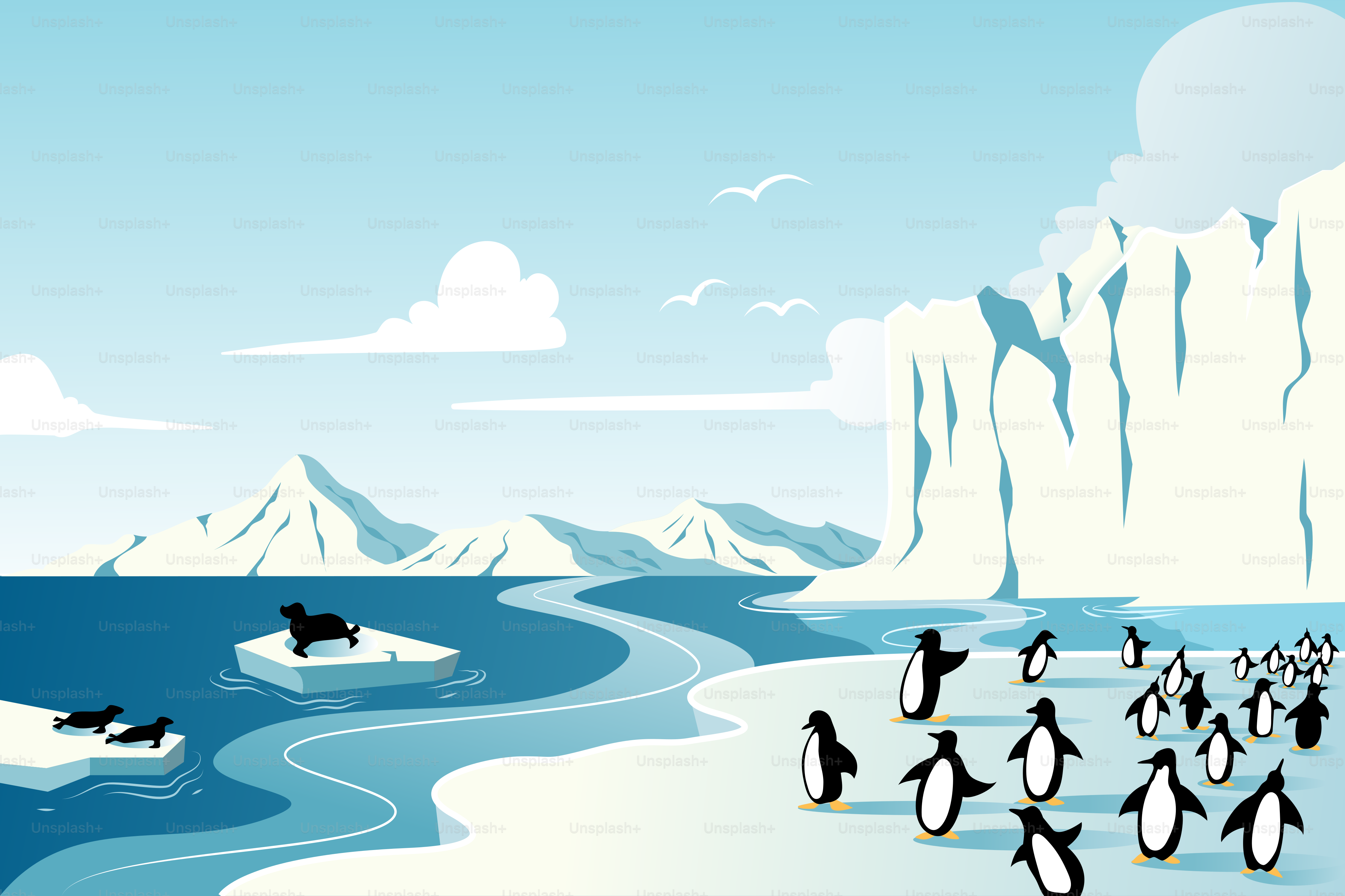Um grupo de pinguins caminhando pela praia